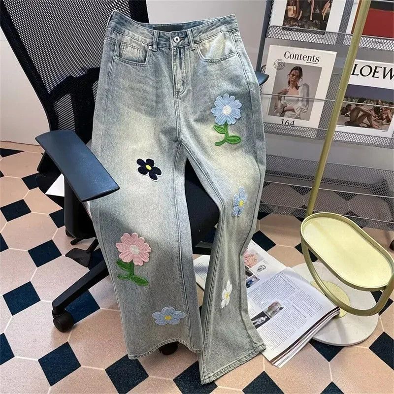 Flower Embroidered Jeans Straight Wide Leg Denim Pants