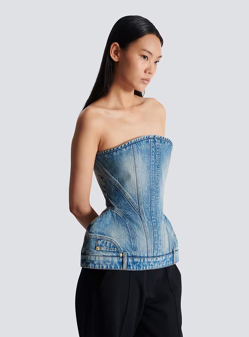 Balmain o1s1wg111225 Structured Denim Bustier in Blue Size S / US 4 / IT 40 - 5 Thumbnail