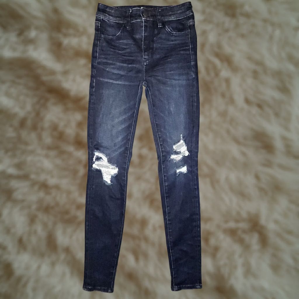 Vintage American Eagler High Rise Jeggings Juniors 0 Blue Denim Distressed Preppy Logo Pockets 28.5in Inseam Womens Jeans Size 25" / US 0 / IT 36 - 1 Thumbnail
