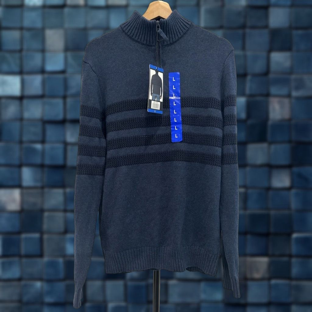 Vintage **Tahari Men's Classic Blue Striped 1/4 Zip Pullover Sweater Size L** User: **Tahari Men's Classic Blue 1/4 Zip Striped Pullover Sweater Size L** Size US L / EU 52-54 / 3 - 1 Thumbnail