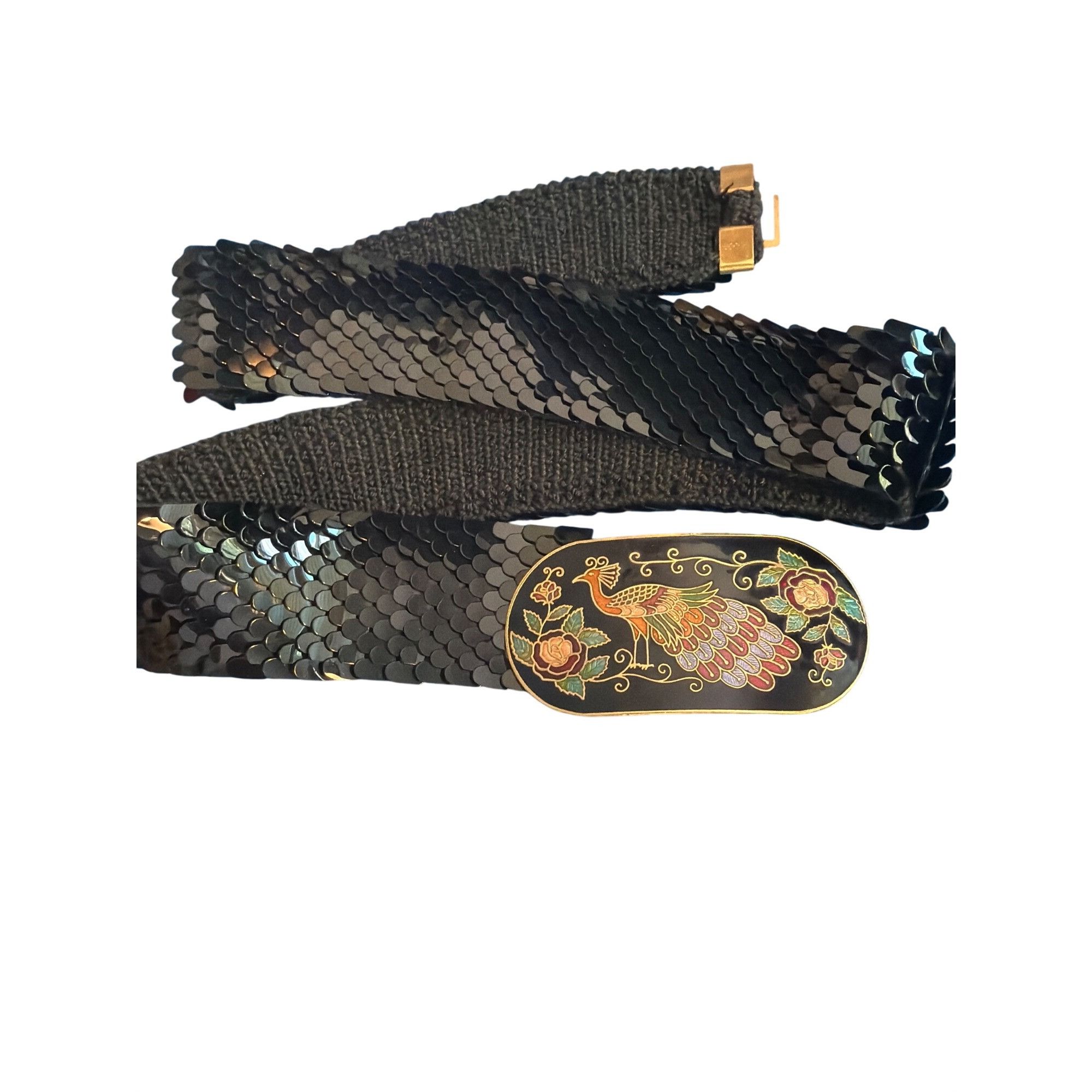 Other Vintage 80s Black Scaled Elastic Belt Cloisonne Peacock Buck Size ONE SIZE - 5 Thumbnail