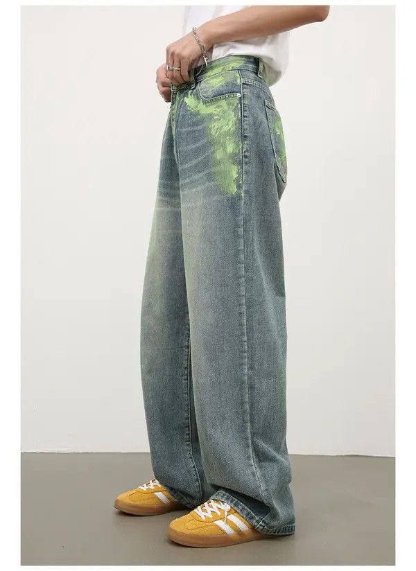 Japanese Brand Men's ink-splashed loose straight-leg wide-leg jeans Size US 32 / EU 48 - 5 Thumbnail