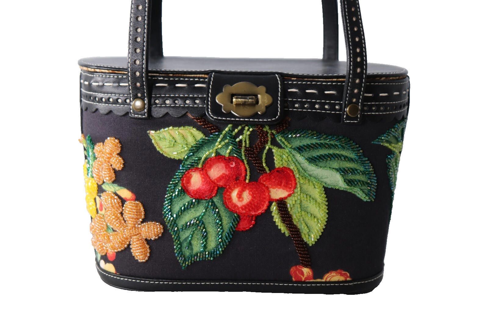 Designer Isabella Fiore Black Cherry Flower Beaded Basket Handbag Bag Size ONE SIZE - 4 Thumbnail