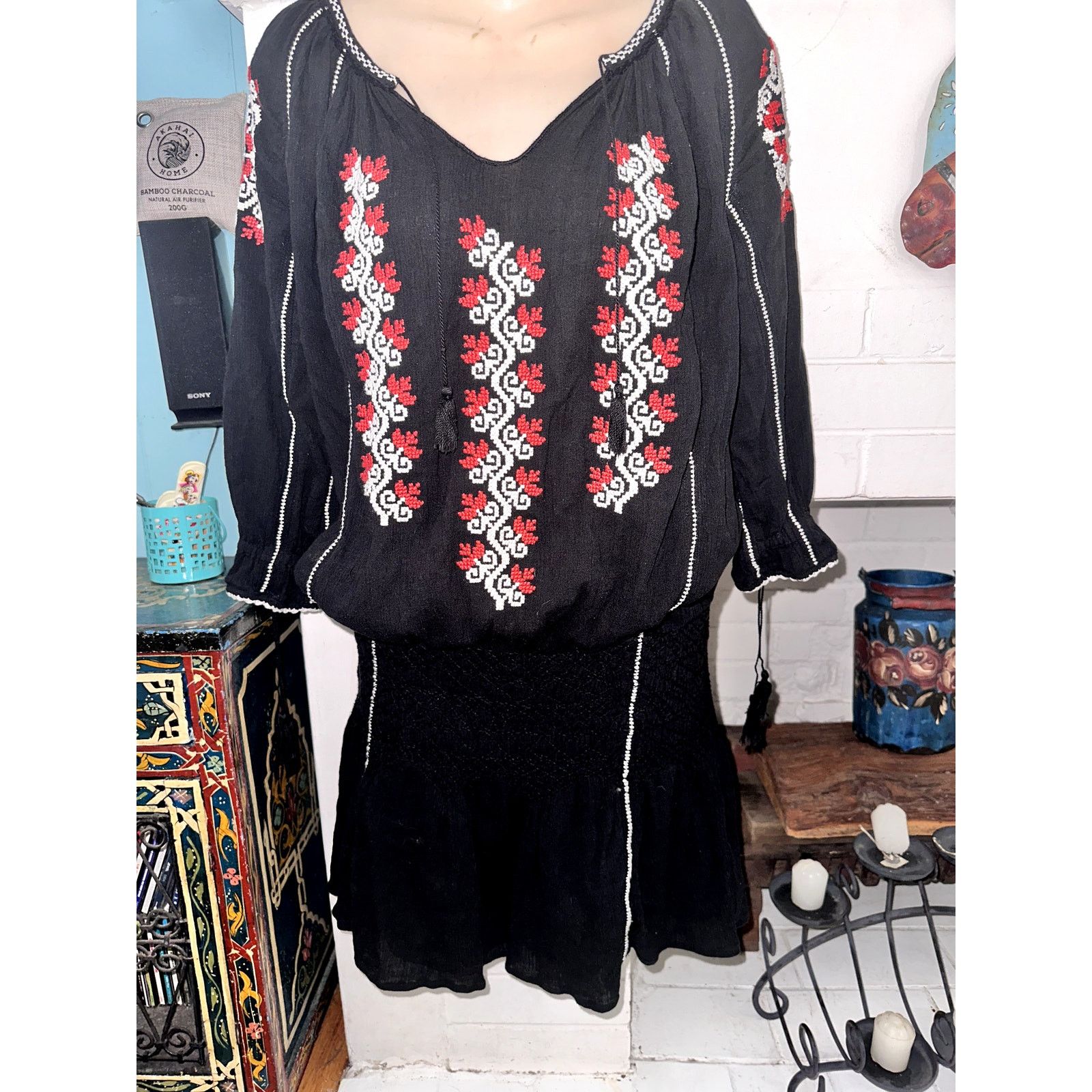 Ulla Johnson ULLA JOHNSON BLACK COTTON GAUZE EMBROIDERED PEASANT DRESS Size S / US 4 / IT 40 - 6 Thumbnail