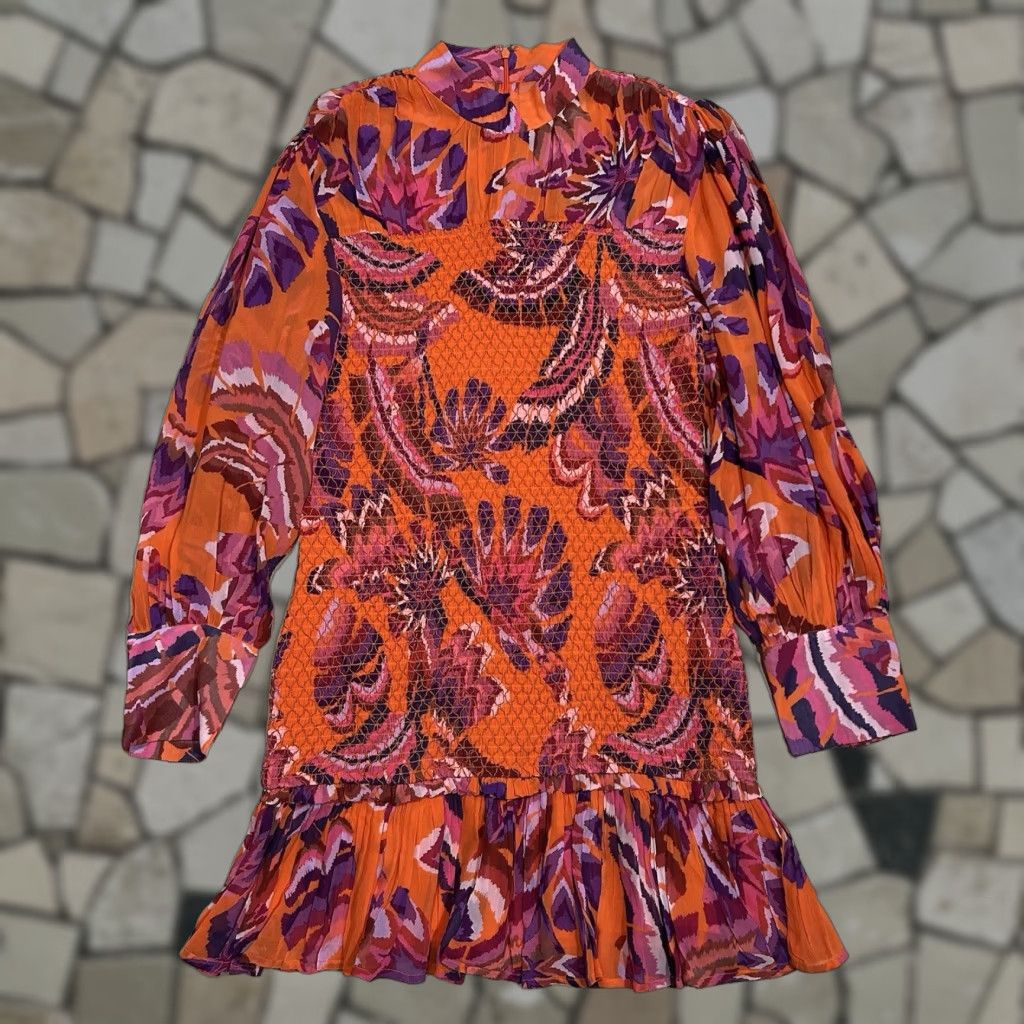 Farm Rio Farm Rio Floral Mini Dress Long Sleeve Women’s M Forest Orange Smocked Lined Viscose Dress Short Balloon Sleeve Women’s Medium Size M / US 6-8 / IT 42-44 - 1 Thumbnail