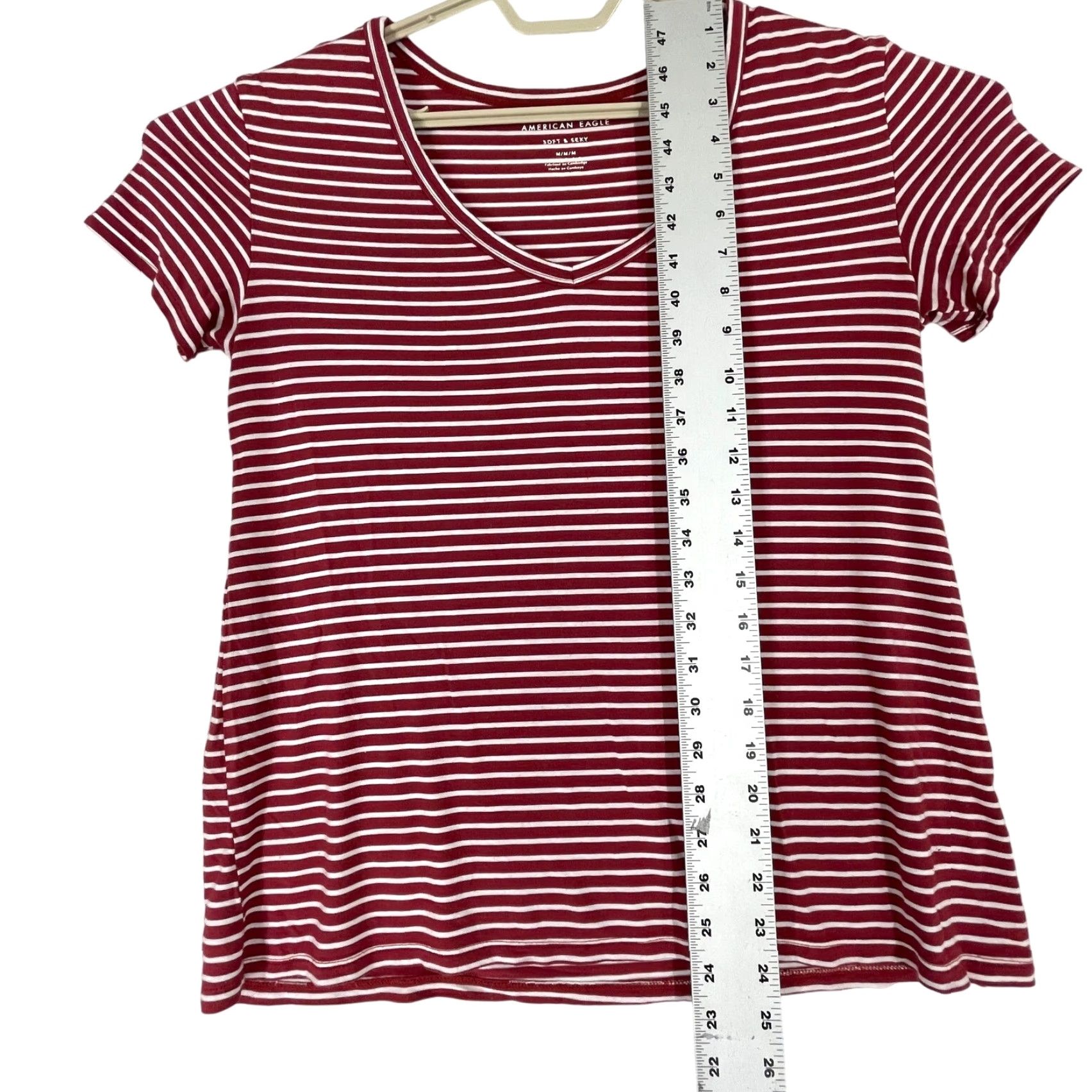 Vintage American Eagle Top Womens M Medium Red White Striped Viscose Pilling T-Shirt Short Sleeve Pullover Casual Basic Knits Mens Womens Boys Girls Size M / US 6-8 / IT 42-44 - 3 Thumbnail