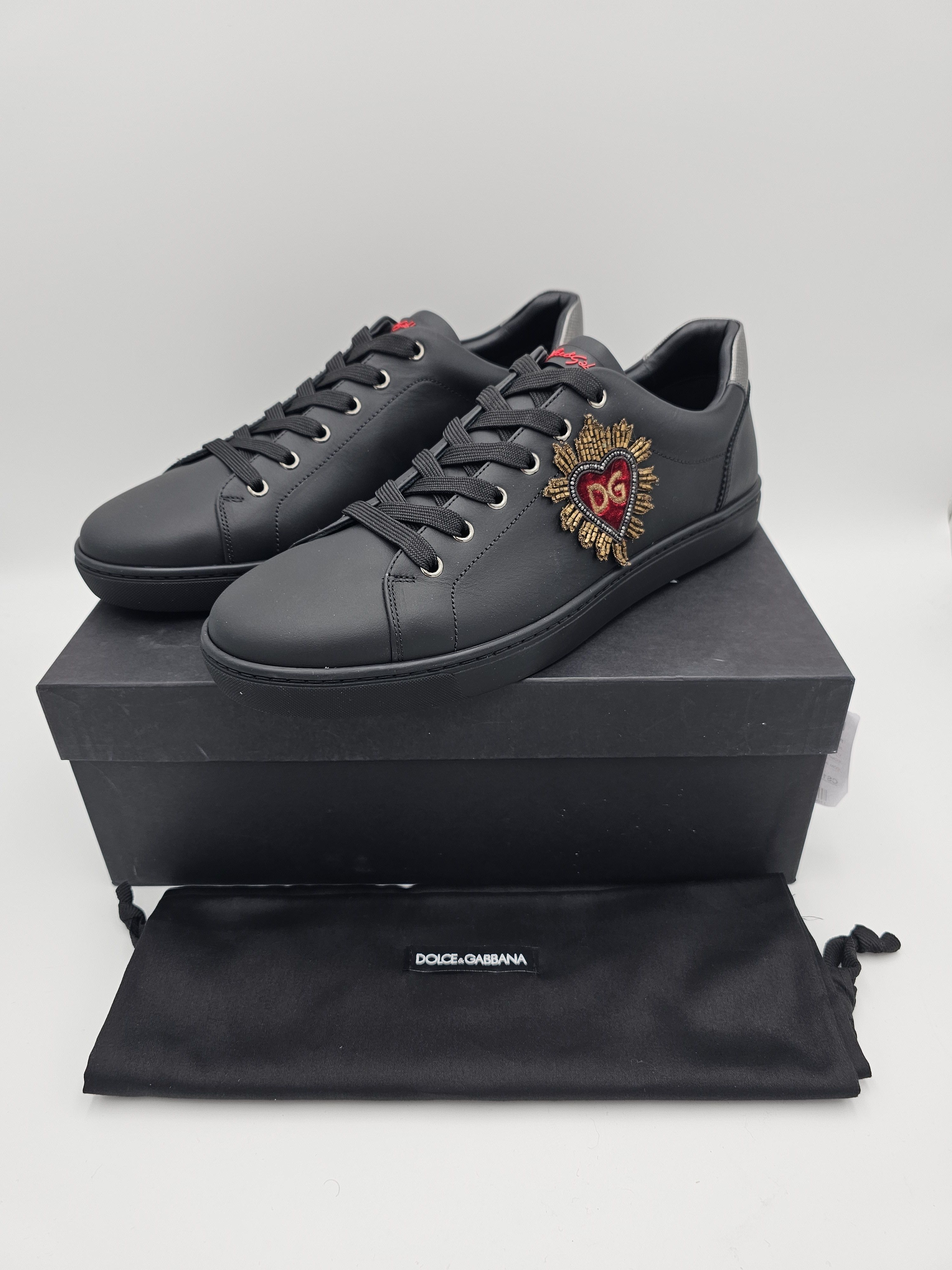 Dolce Gabbana Black Leather DG Heart Sneakers Size 44