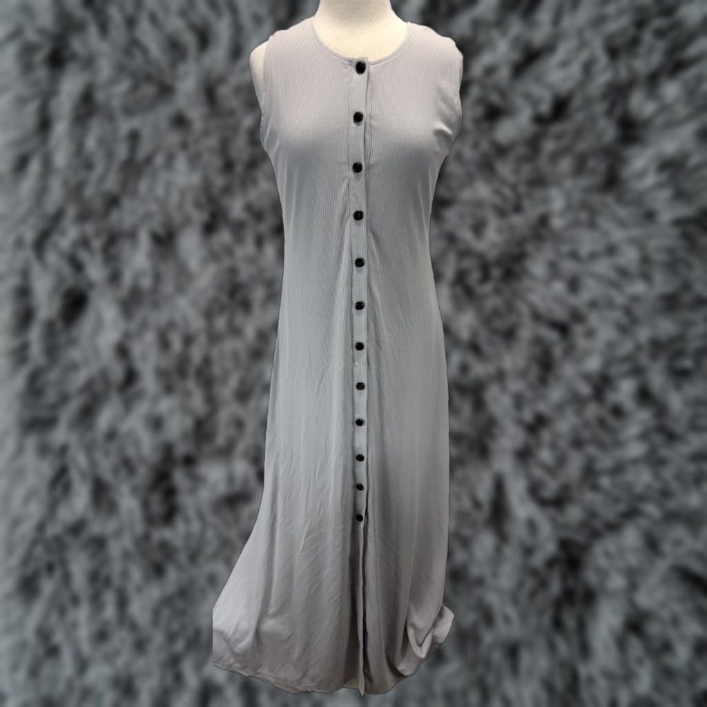 Anthropologie Anthropologie x Callahan Knitwear Maxi Dress Sz Large Grey Button Front Stretch Cotton Blend Sleeveless Round Neck Women Size L / US 10 / IT 46 - 1 Thumbnail