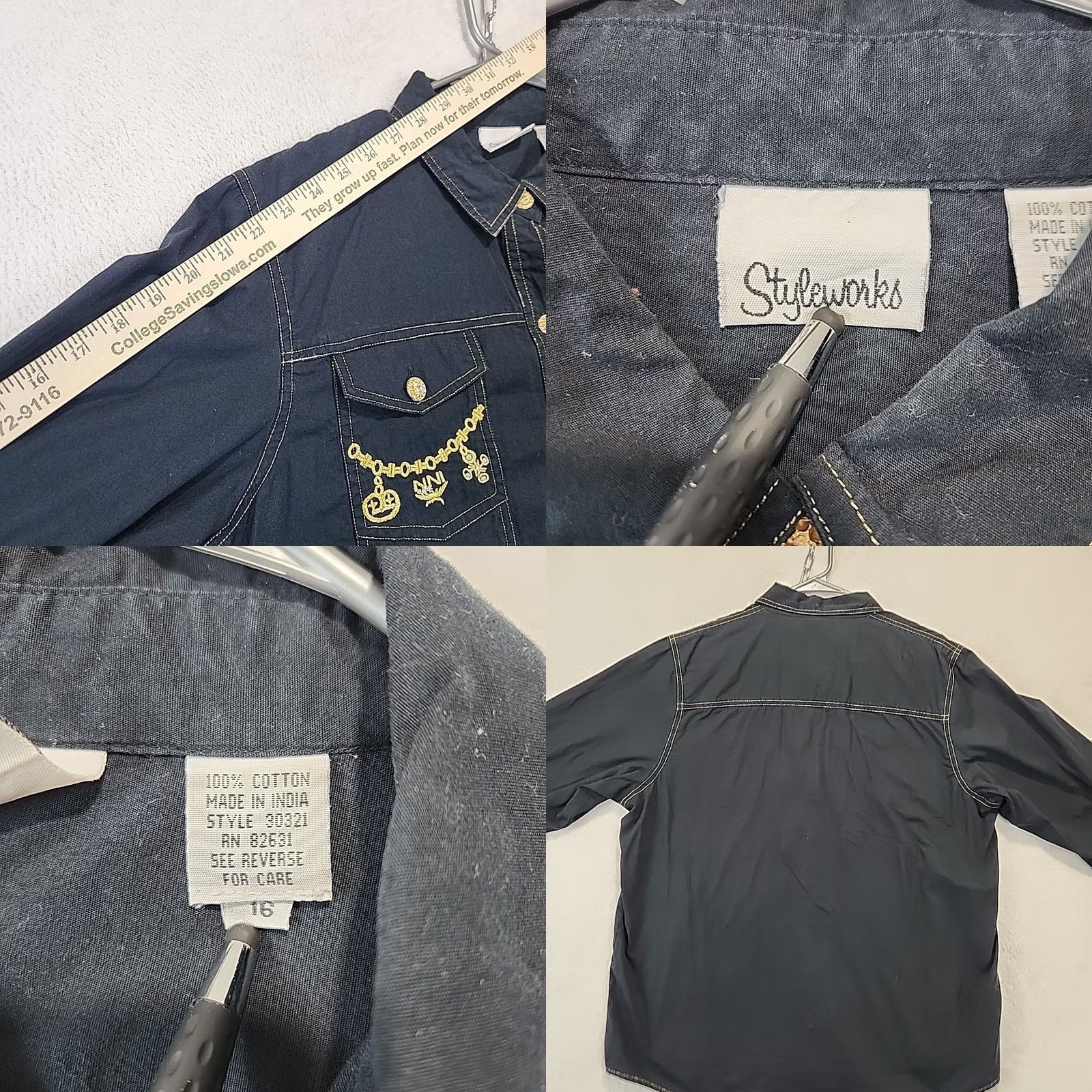 Vintage VINTAGE Styleworks Black Button-Up Cotton Blouse Gold Embellishments Womens Sz 16 Regular Fit Long Sleeve Rhinestone Cardigan not included? Size XXL / US 16-18 / IT 52-54 - 8 Thumbnail