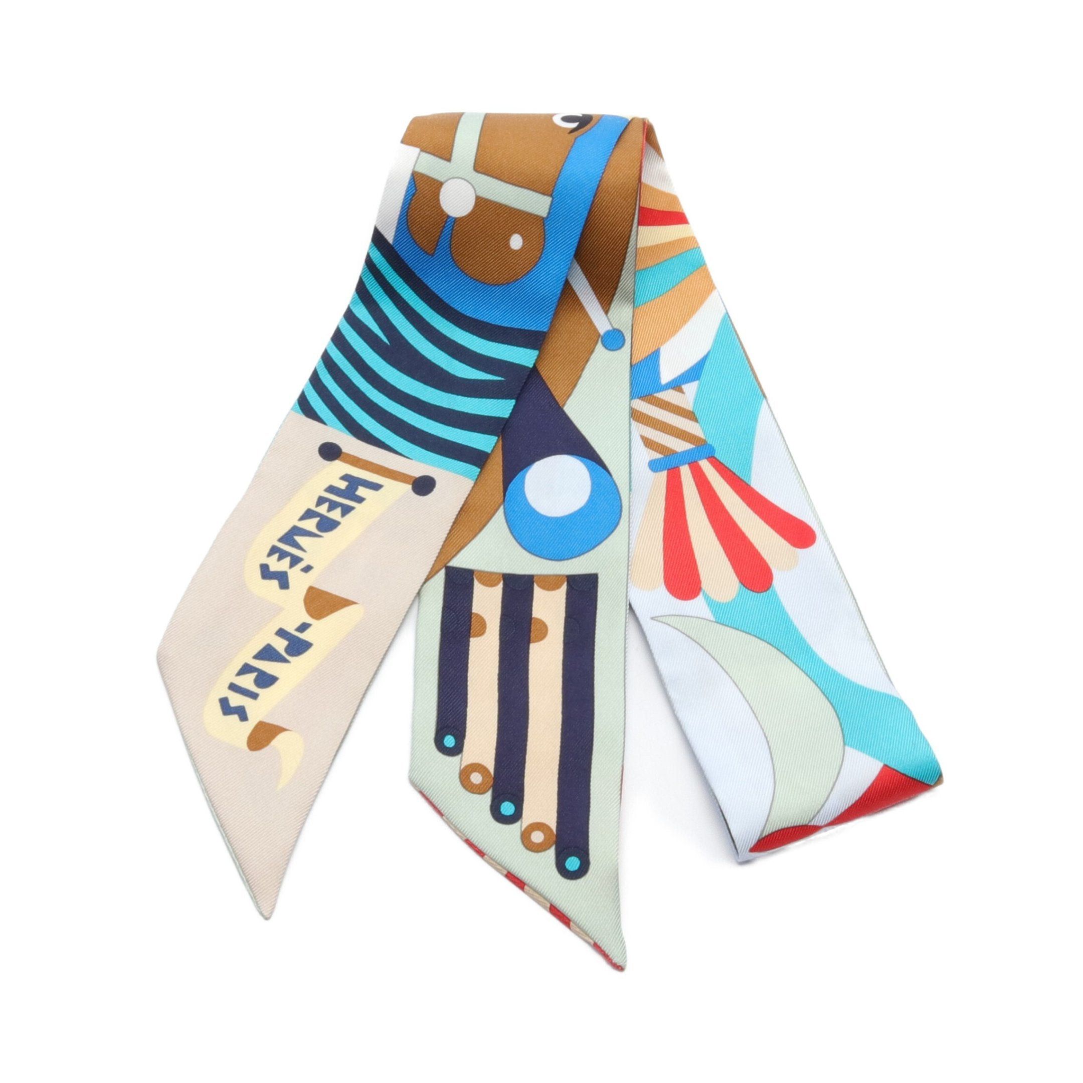 image of Hermes Twilly Parade En Fanfare Ribbon Scarf Silk Light Green Navy Multicolor, Women's
