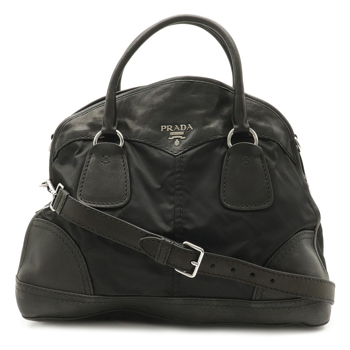 Prada 2way Shoulder Bag Nylon Leather Nero Black Silver Metal Fittings