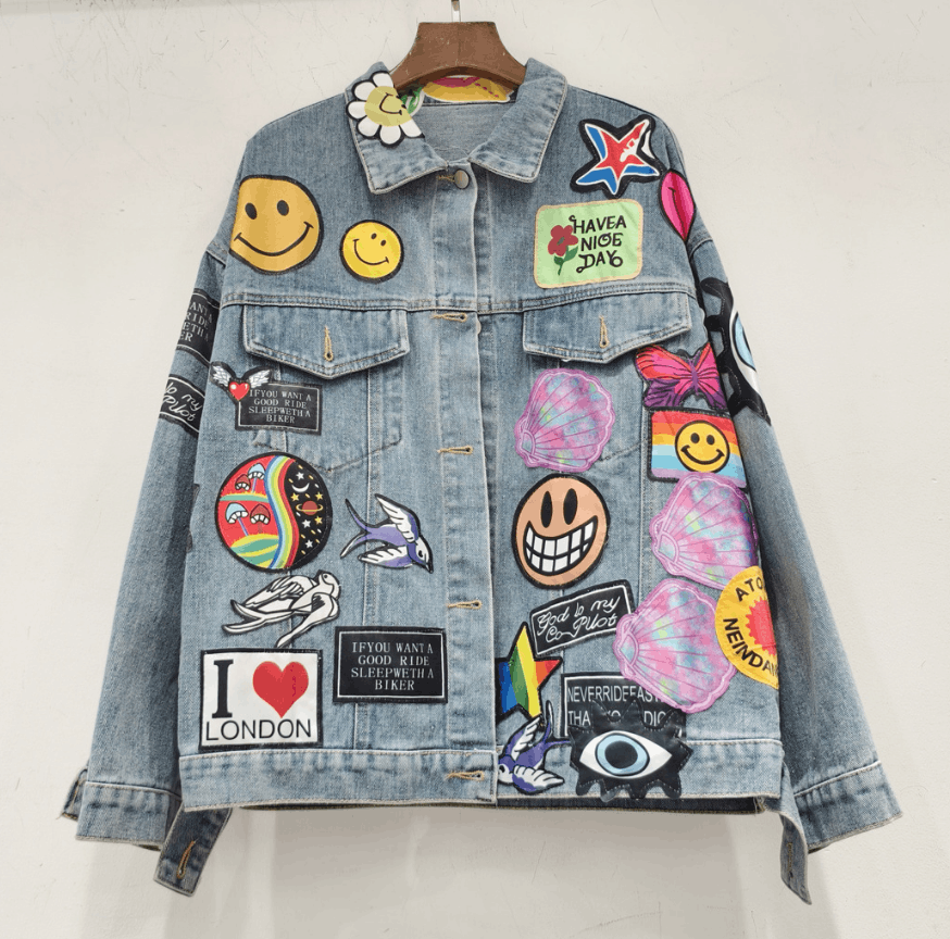 image of Vintage Hype Patchwork Y2K Denim Jacket One Size Fits All in Blue, Men's