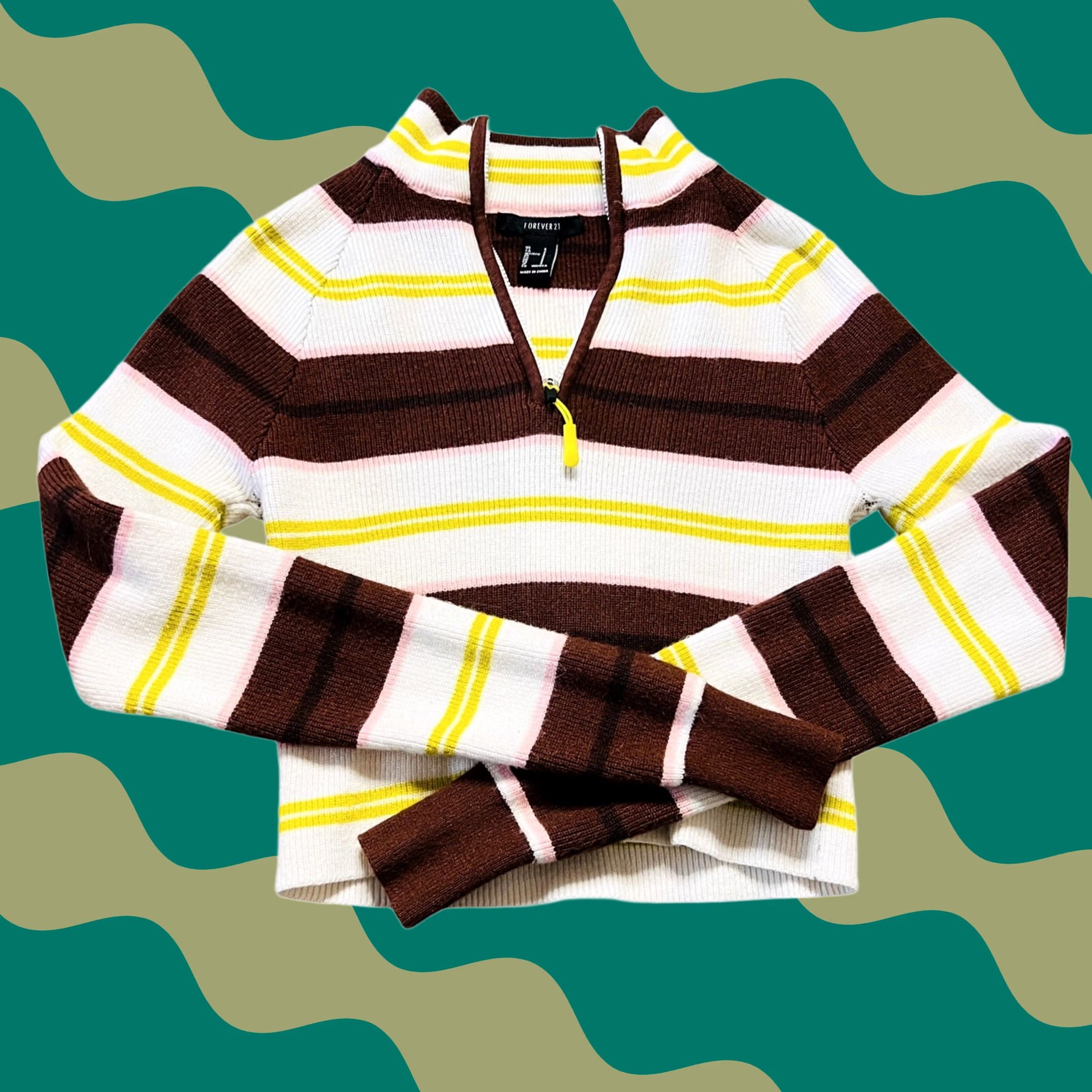 Forever 21 VINTAGE Forever 21 Pink Green Brown Stripped Ribbled Long Sleeve 1/4 Zip S Womens Shirt Size S / US 4 / IT 40 - 1 Thumbnail