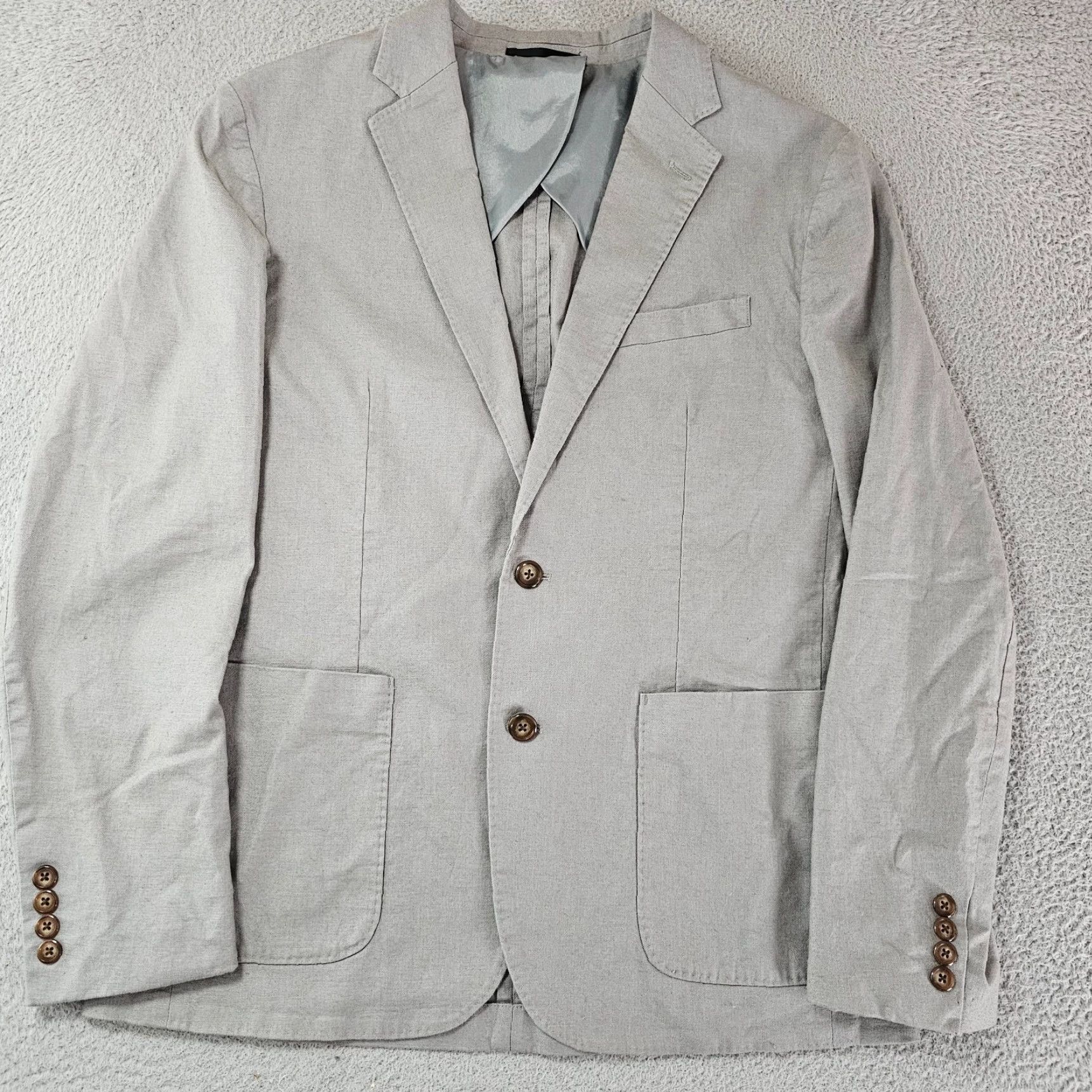 J.Crew J.CREW Blazer Mens Medium Gray Slim Fit Two-Button Notch Lapel Jacket Regular Ventless Cotton Hemp Blend 2 Piece Business Casual Party/Cocktail Size 40R - 2 Thumbnail