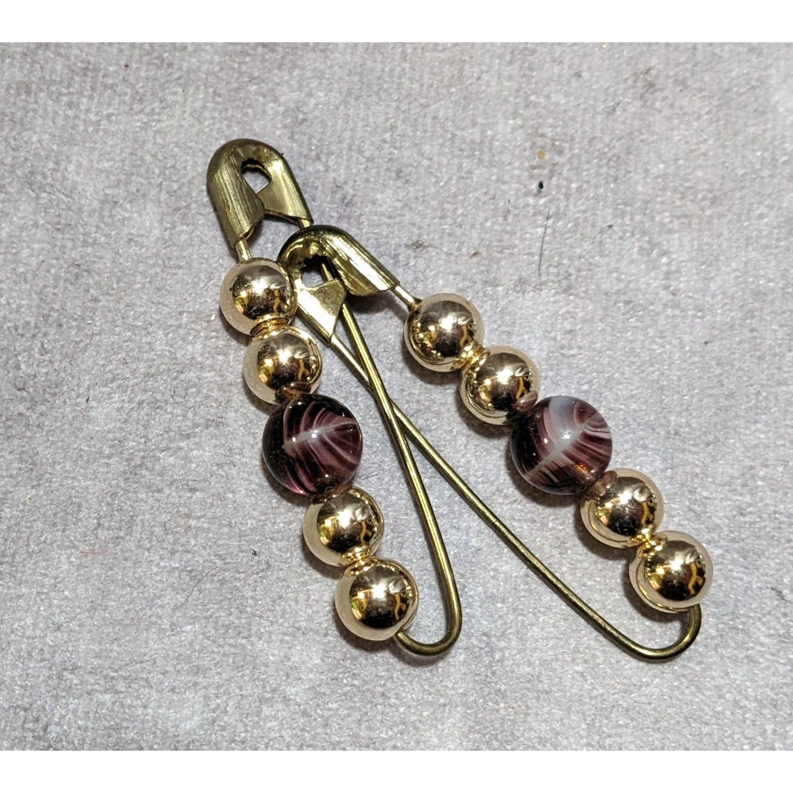 Other Simple Gold Tone And Glass Beaded Safety Pin Brooches (2) Size ONE SIZE - 3 Thumbnail