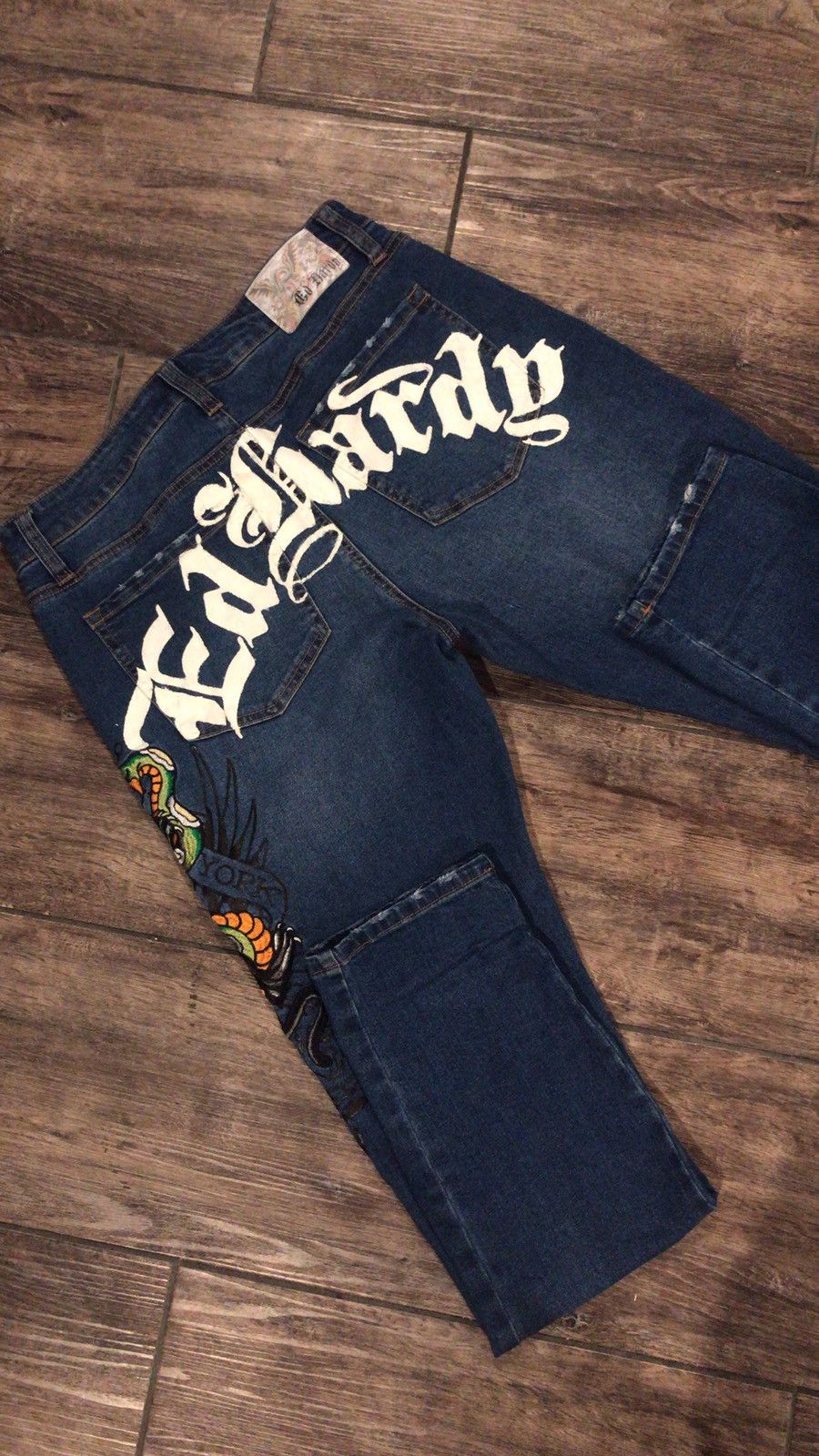 image of Ed Hardy Embroided Jeans in Blue, Men's (Size 30)