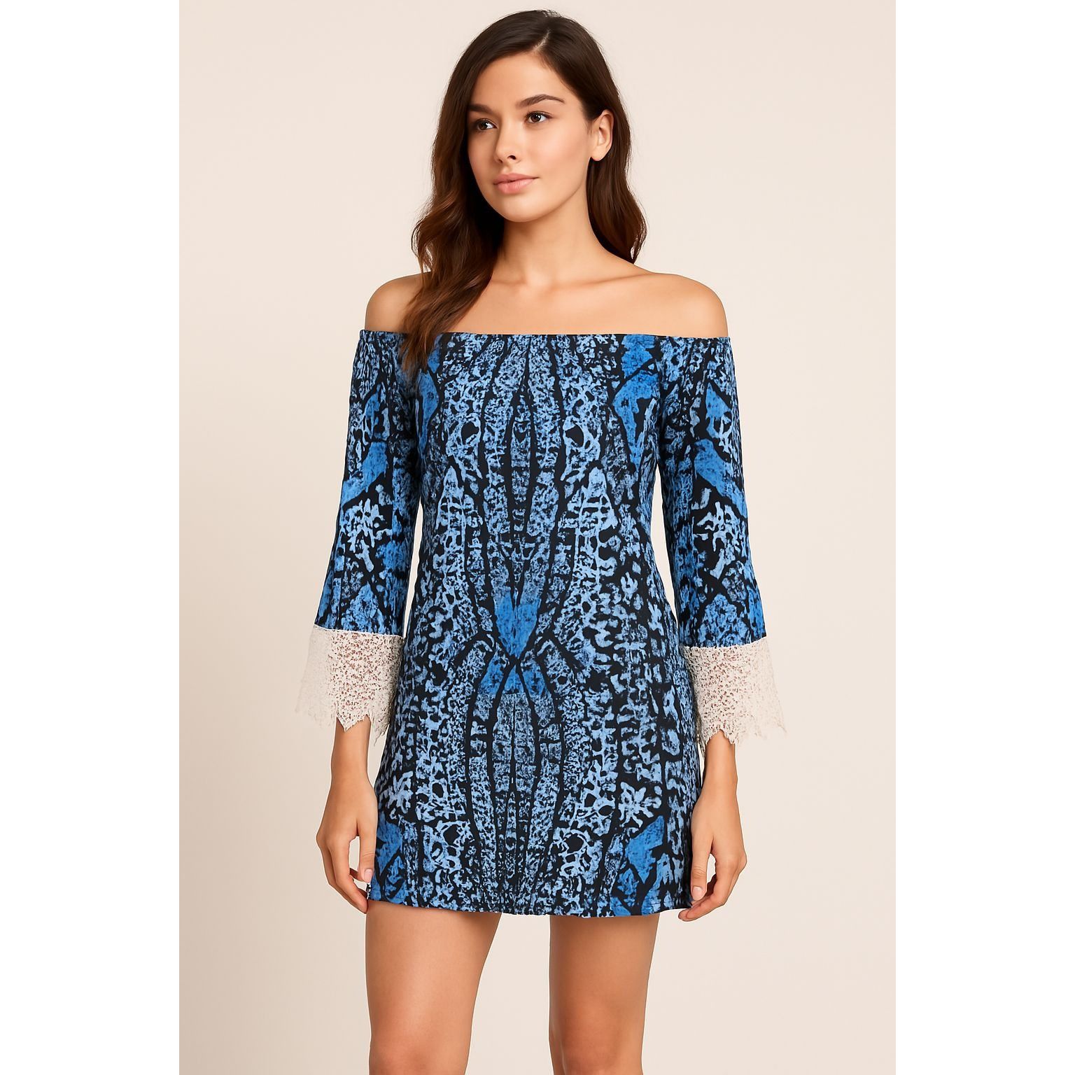 Other CCC Blue Black Print Off Shoulder Tunic Dress Lace Bell Slee Size XL / US 12-14 / IT 48-50 - 2 Thumbnail