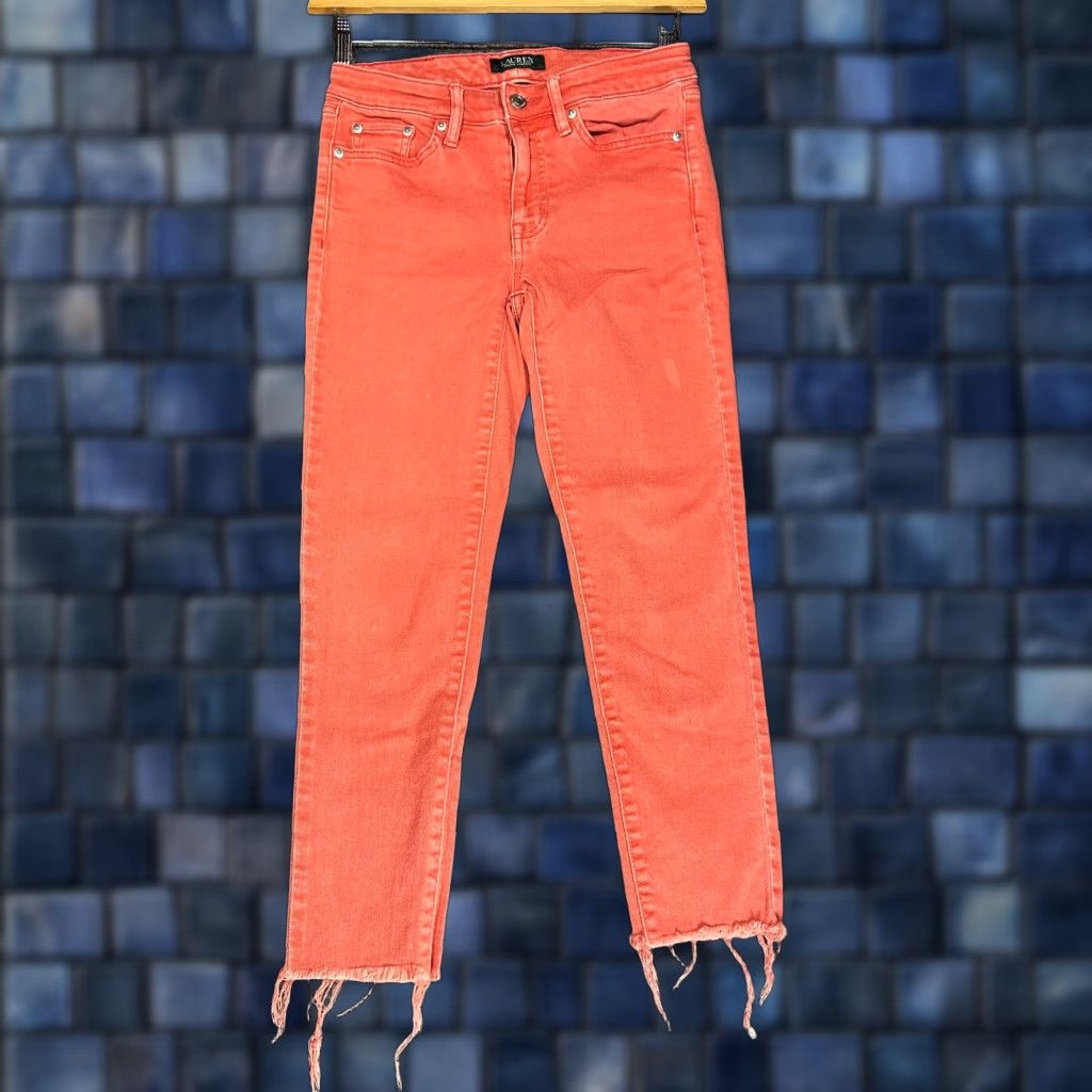 Ralph Lauren Lauren Ralph Lauren Jeans Womens 2 Skinny Orange Cotton Stretch Fray Hems Denim 5-Pocket Zipper Mid Rise Regular Inseam 24 in Womens Jeans Size 26" / US 2 / IT 38 - 1 Thumbnail