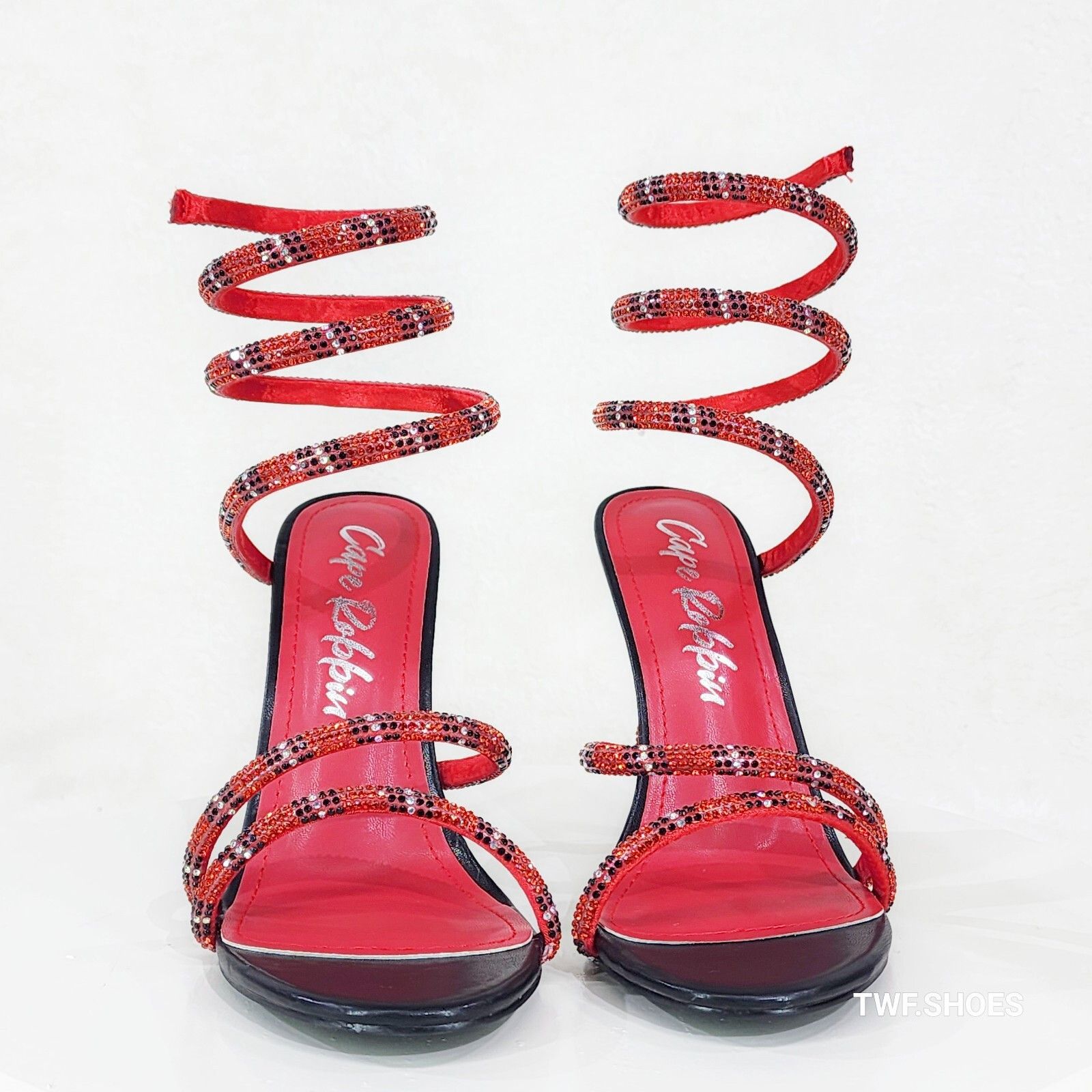 Coral Red Black Stiletto High Heels Rhinestone Coil Straps S
