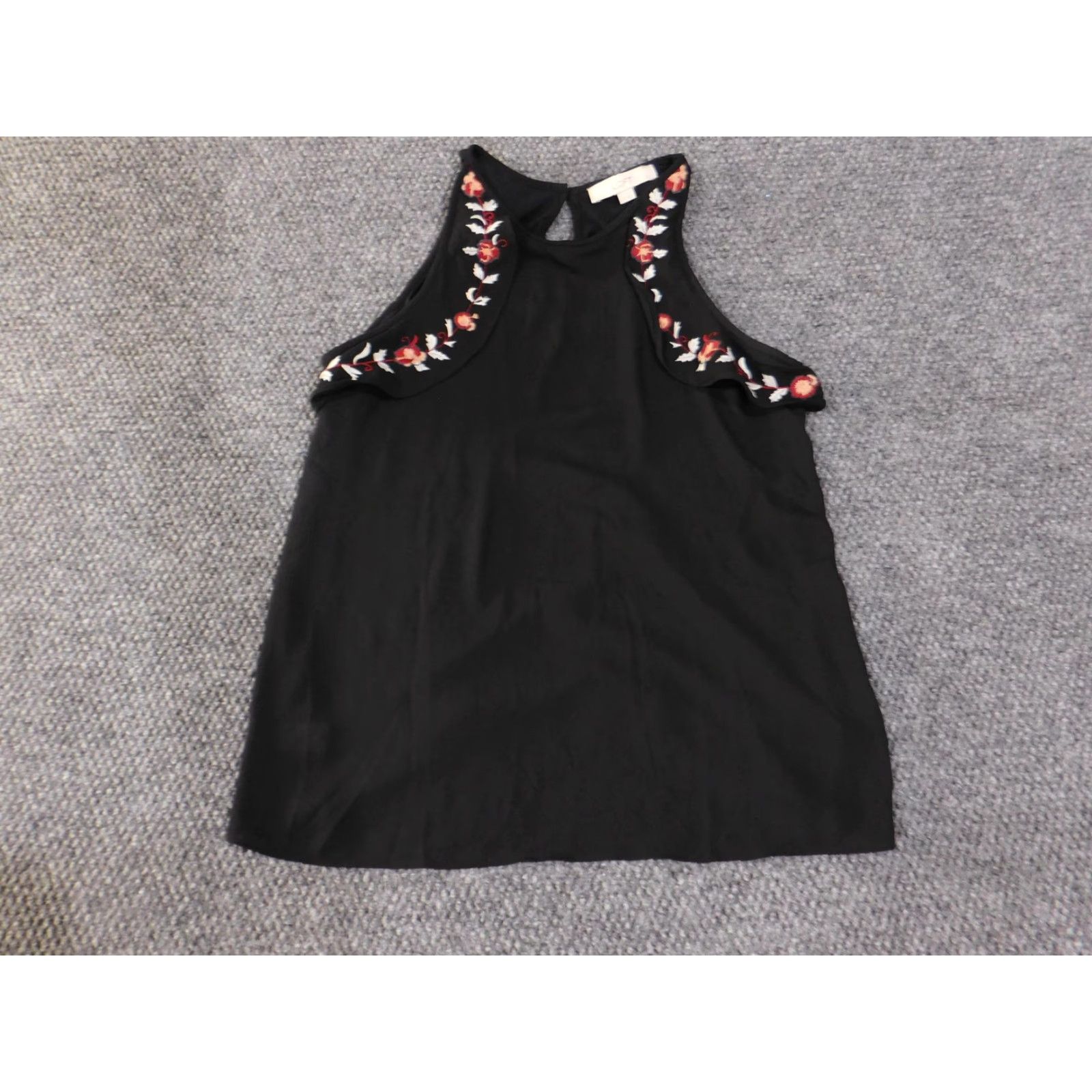 Loft LOFT Sleeveless Top Womens Small Black Embroidered Floral Ruffle Tank Blouse Size S / US 4 / IT 40 - 2 Thumbnail