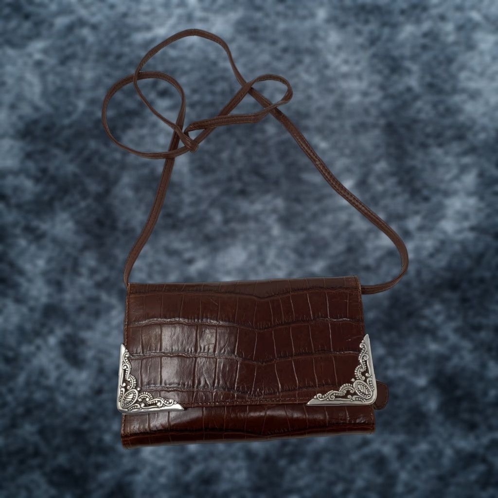 Brighton Vtg Brighton Handbag Croc Embossed Leather Crossbody Organizer Wallet Brown 90s Size ONE SIZE - 1 Thumbnail