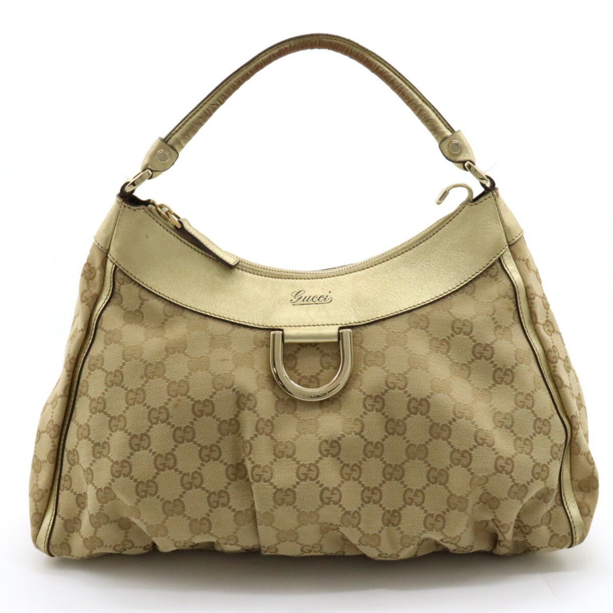 image of Gucci GG Canvas Abbey Shoulder Bag Handbag Metallic Leather Beige Gold 189833 in White, Women's