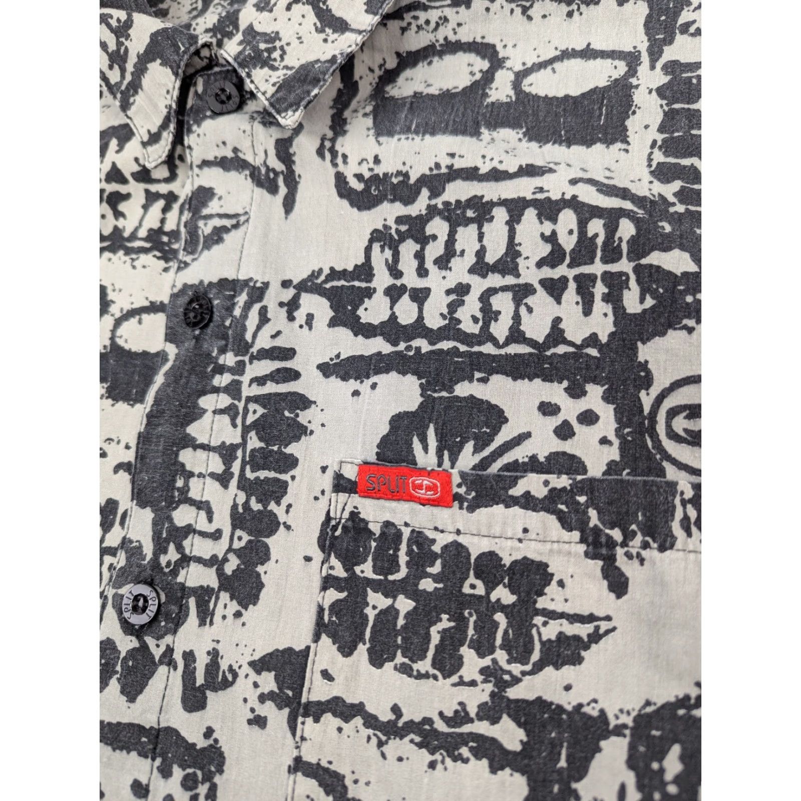 Vintage Split Shirt Mens M Button-Down Short Sleeve Cotton Gray Embroidered 90s Y2K Split Tapa Hibiscus Size US M / EU 48-50 / 2 - 6 Thumbnail
