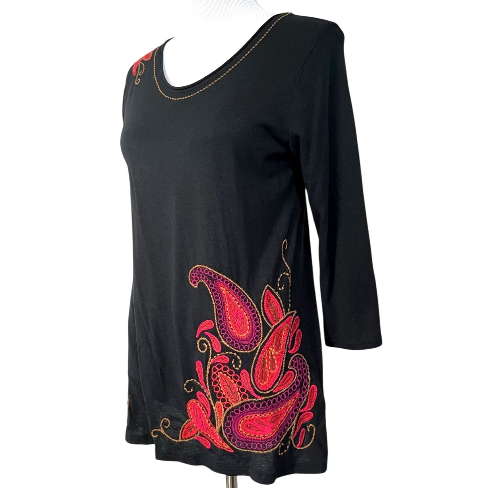 J. Jill VINTAGE J. Jill Embroidered Paisley Tunic Top Blouse Black 3/4 Sleeve XS Womens Tunic Blouse Paisley Embroidered Knit Cotton Modal Size XS / US 0-2 / IT 36-38 - 6 Thumbnail