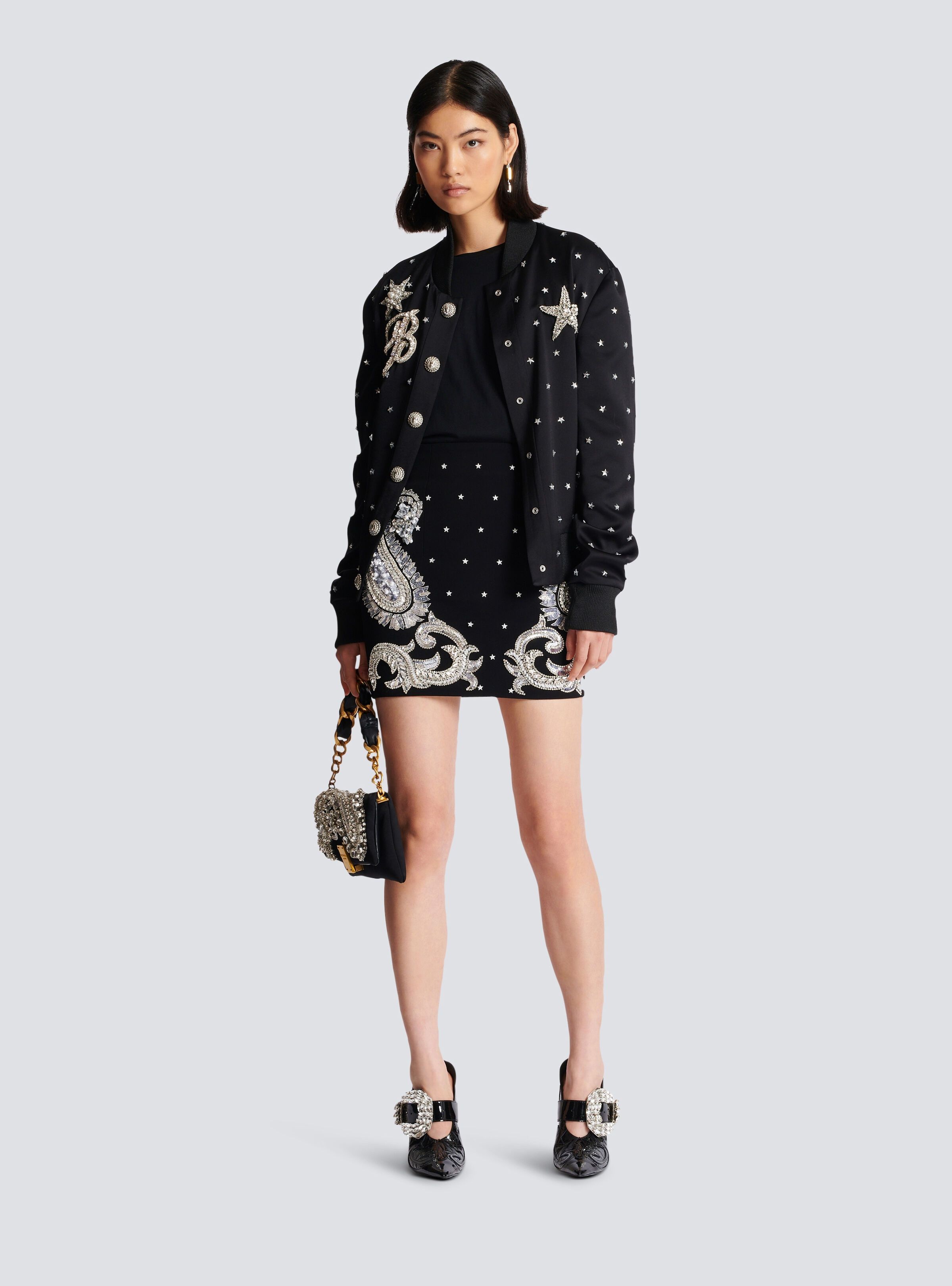 Balmain o1s1wg110825 Paisley And Stars Embroidered Skirt in Black Size 28" / US 6 / IT 42 - 6 Thumbnail