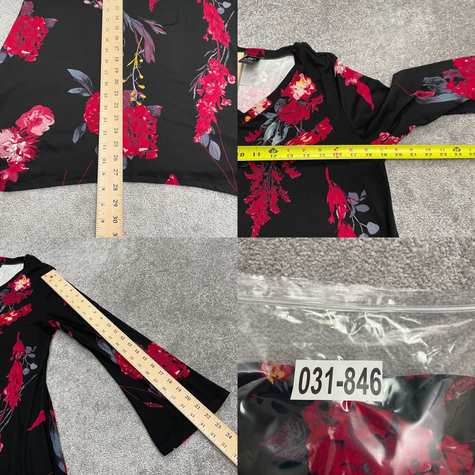 Vintage Lildy Floral Tunic Womens S-M Black Red V-Neck Long Sleeve Relaxed Pocket Casual Shirts Size S / US 4 / IT 40 - 8 Thumbnail