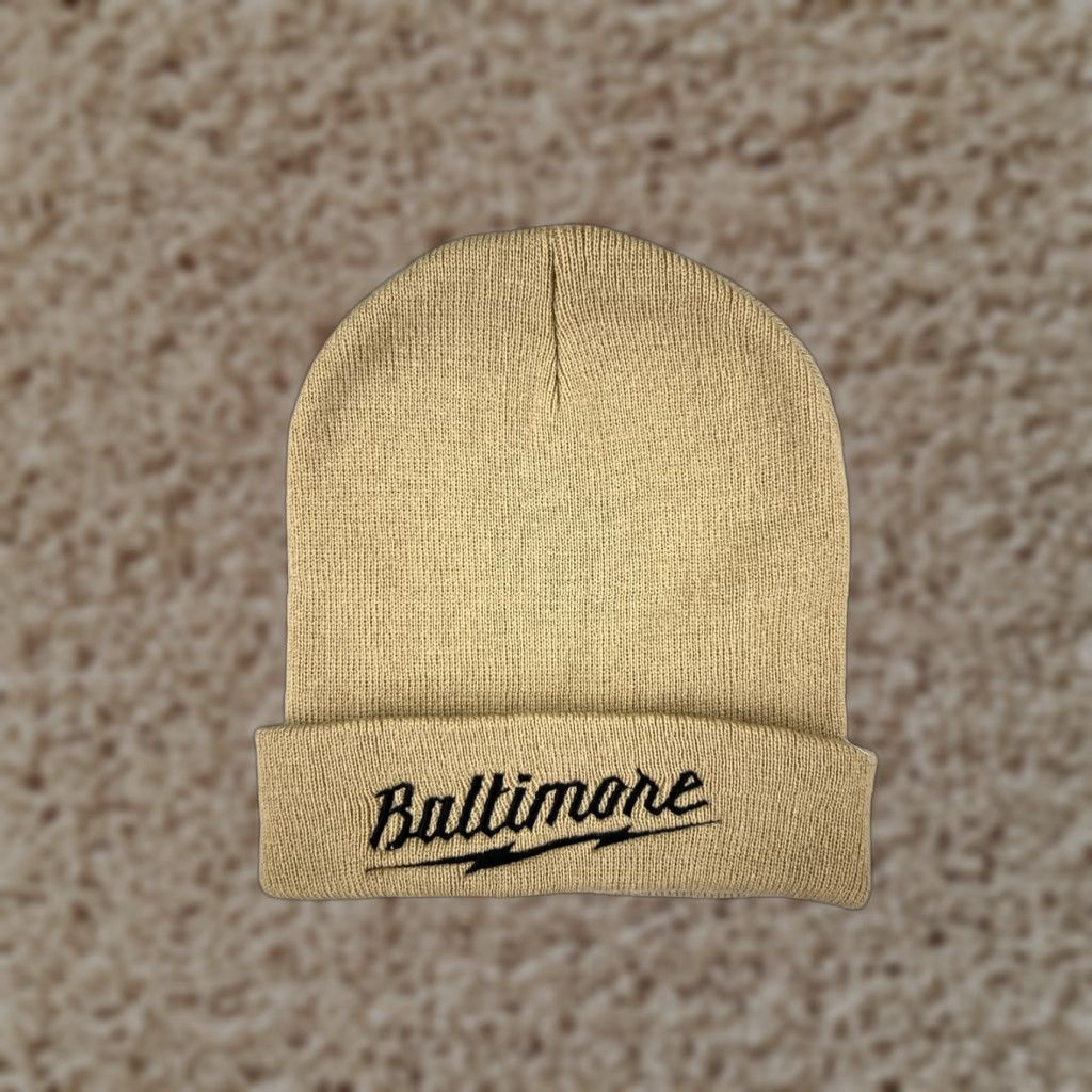 Vintage Baltimore Beanie Hat Adult One Size Beige Black 100% Acrylic Embroidered Beanie Logo Ski Casual Mens Size ONE SIZE - 1 Thumbnail