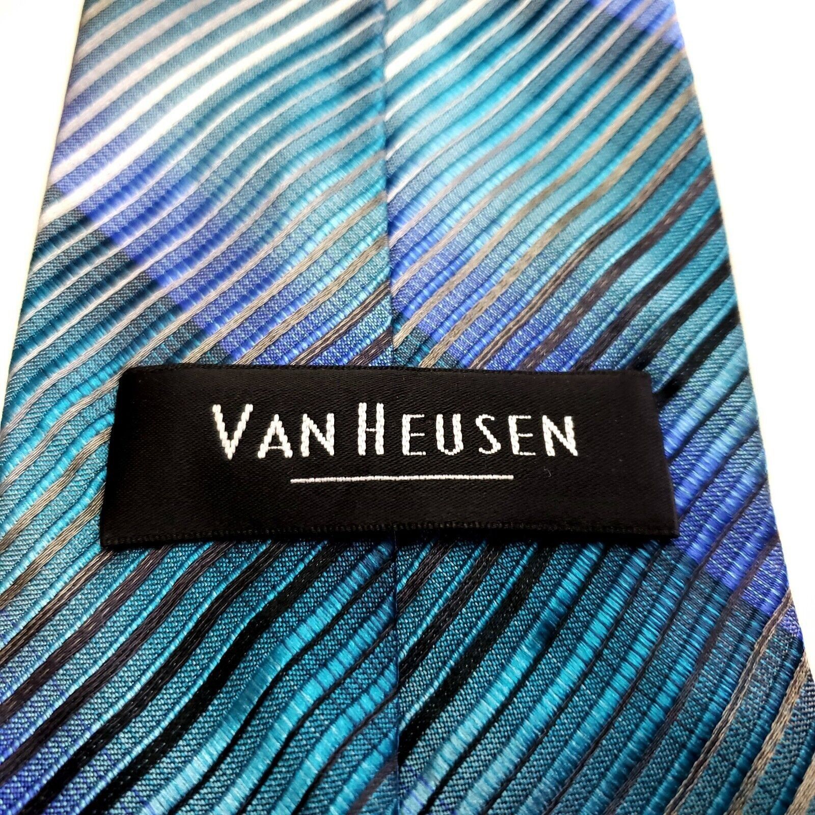 Van Heusen Van Heusen Blue Teal Striped Woven Silk Tie Size ONE SIZE - 3 Thumbnail