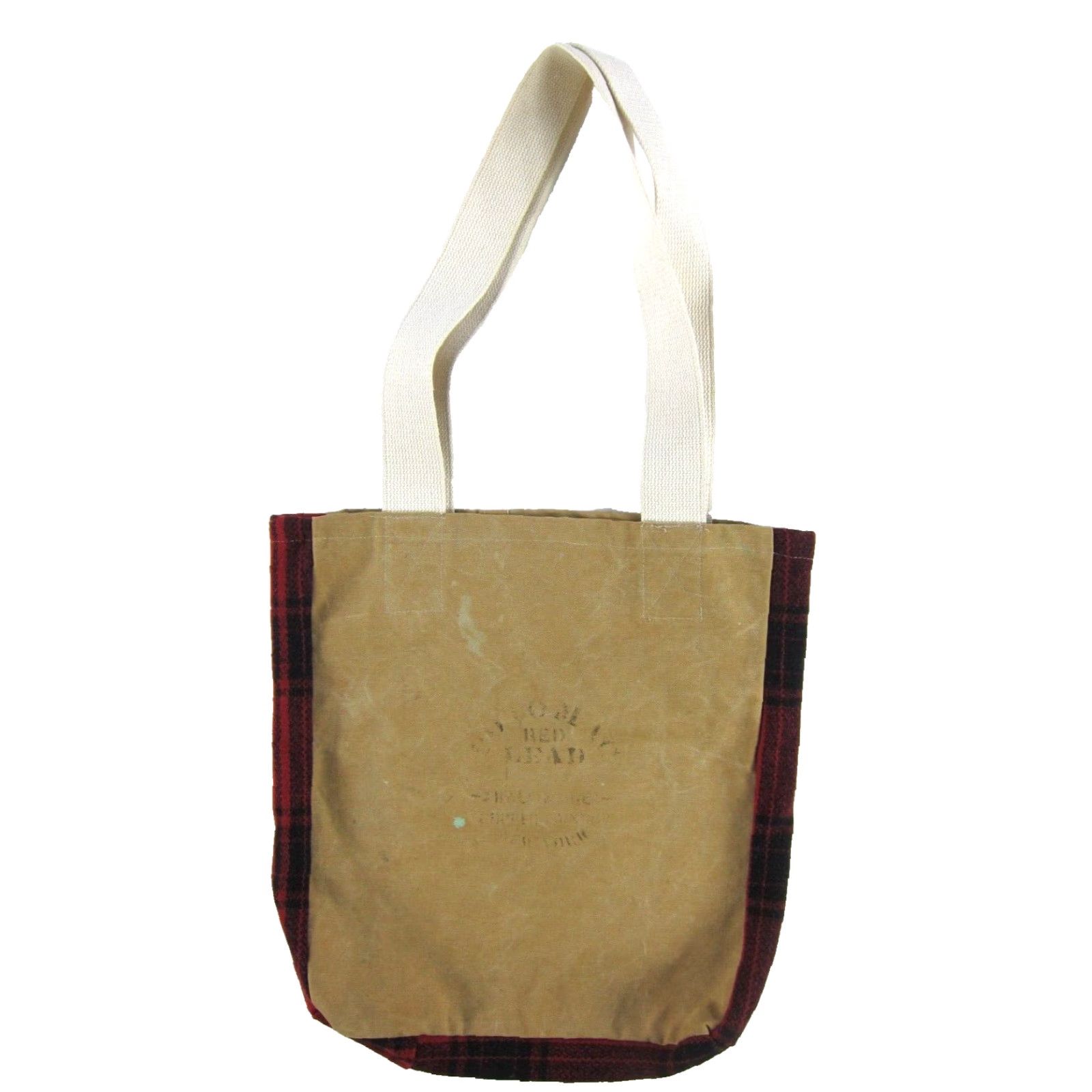 Vintage Handmade Brown Cotton Canvas Wool Red Black Plaid Large Shopping Tote Purse Size ONE SIZE - 4 Thumbnail