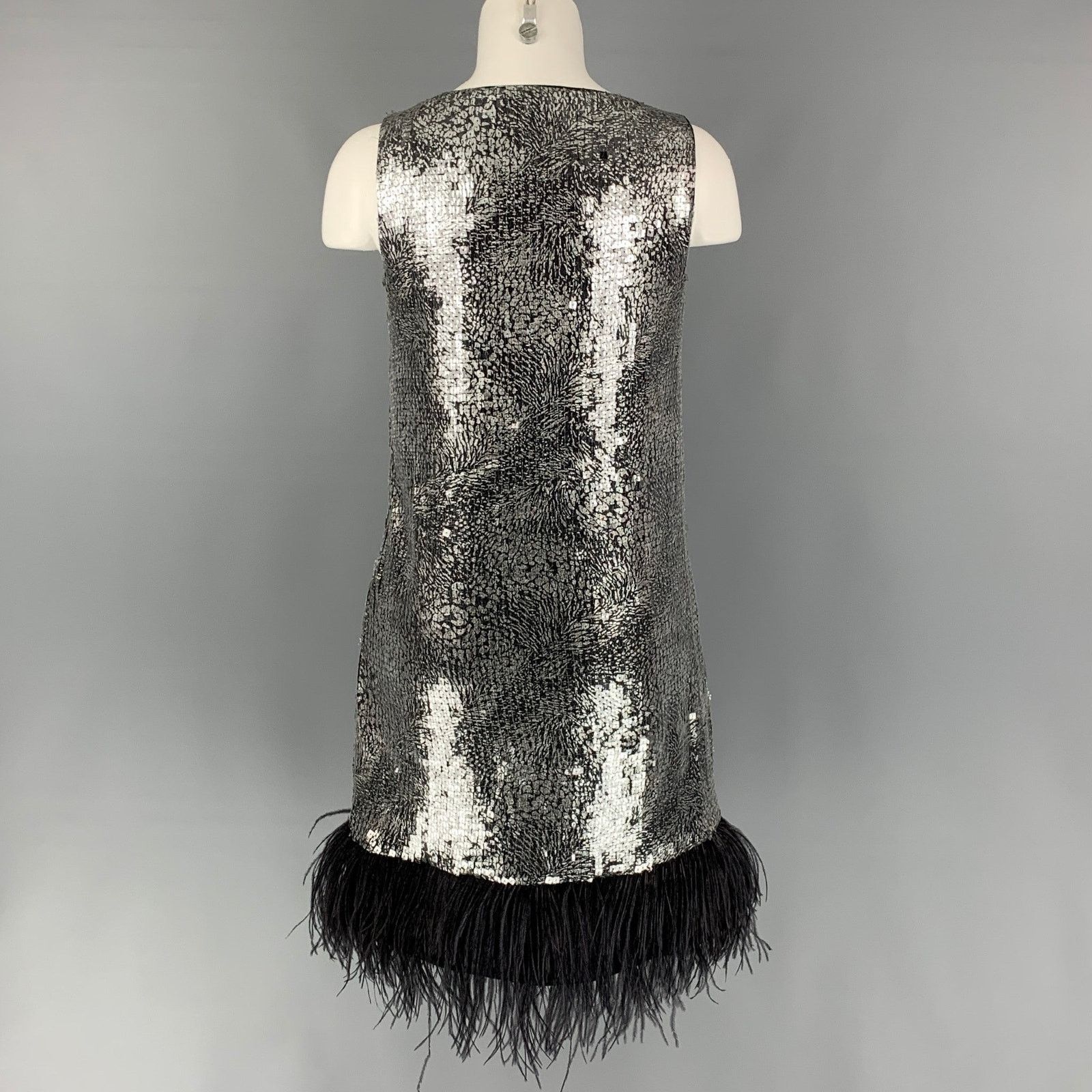 Badgley Mischka Silver & Black Polyester Sequined Ostrich Feathers Dress Size S / US 4 / IT 40 - 4 Thumbnail