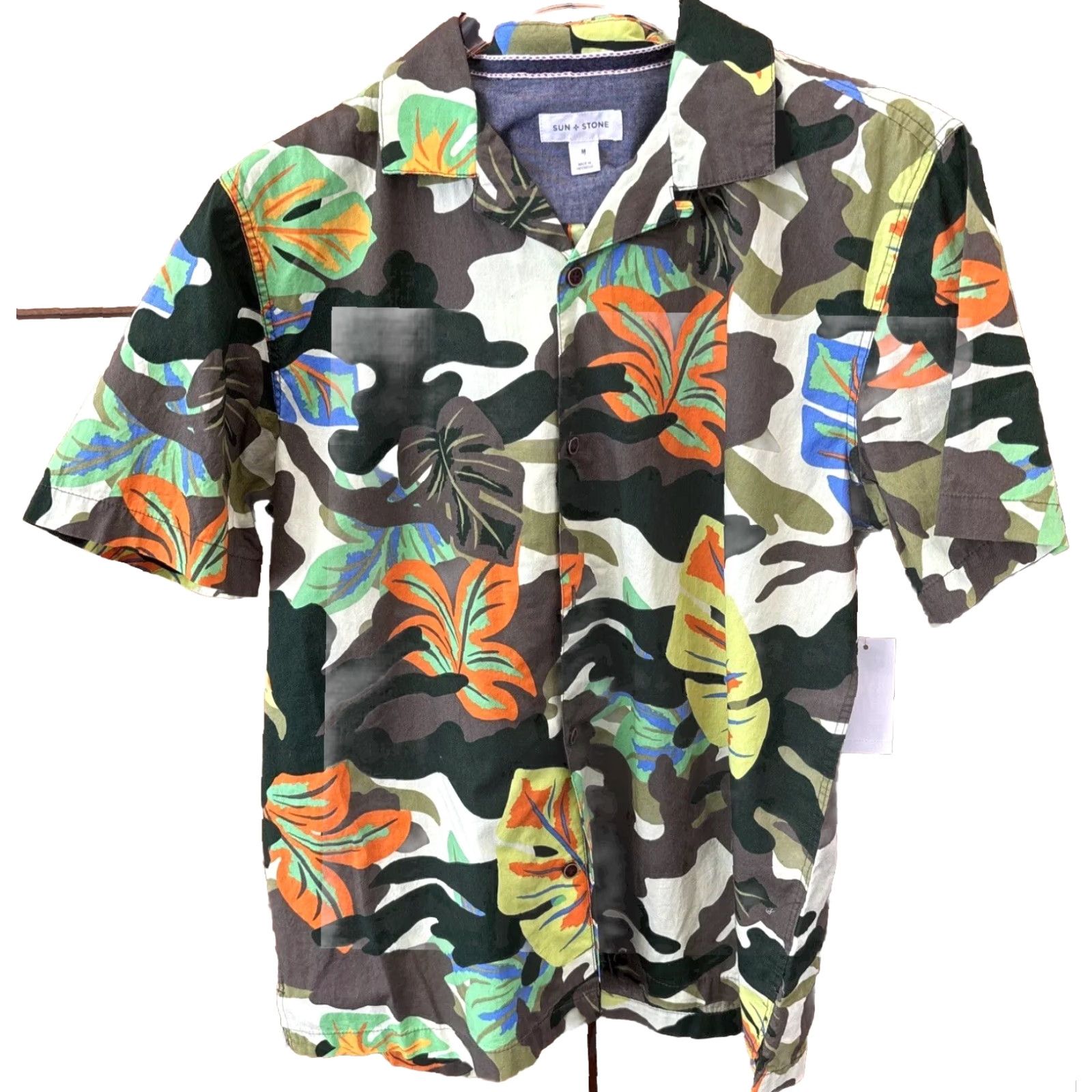 Vintage Sun Stone Men M Button-Down Shirt Green Leafy Camouflage Print NEW Cotton Short Sleeve Size US M / EU 48-50 / 2 - 2 Thumbnail