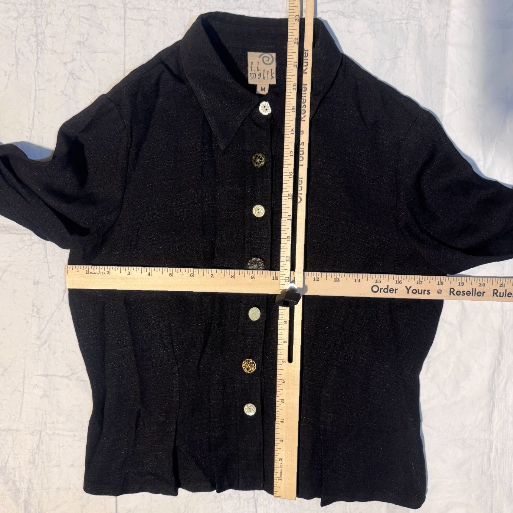 Vintage FL Malik Button-Up Shirt Black Long Sleeve Knit Cotton M Womens Casual Shirt - Pleated Embroidered Button-Up Size M / US 6-8 / IT 42-44 - 5 Thumbnail