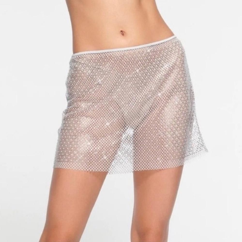 SKIMS Swarovski x Skims Stretch Net Silver Mini Skirt Small Size 27" / US 4 / IT 40 - 1 Thumbnail