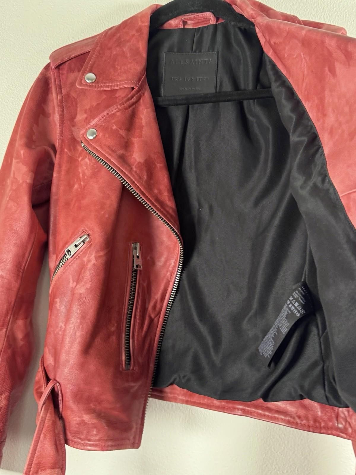Allsaints $619 EUC All Saints Red Tie Dye Leather Biker Jacket Size 2 Size XS / US 0-2 / IT 36-38 - 6 Thumbnail