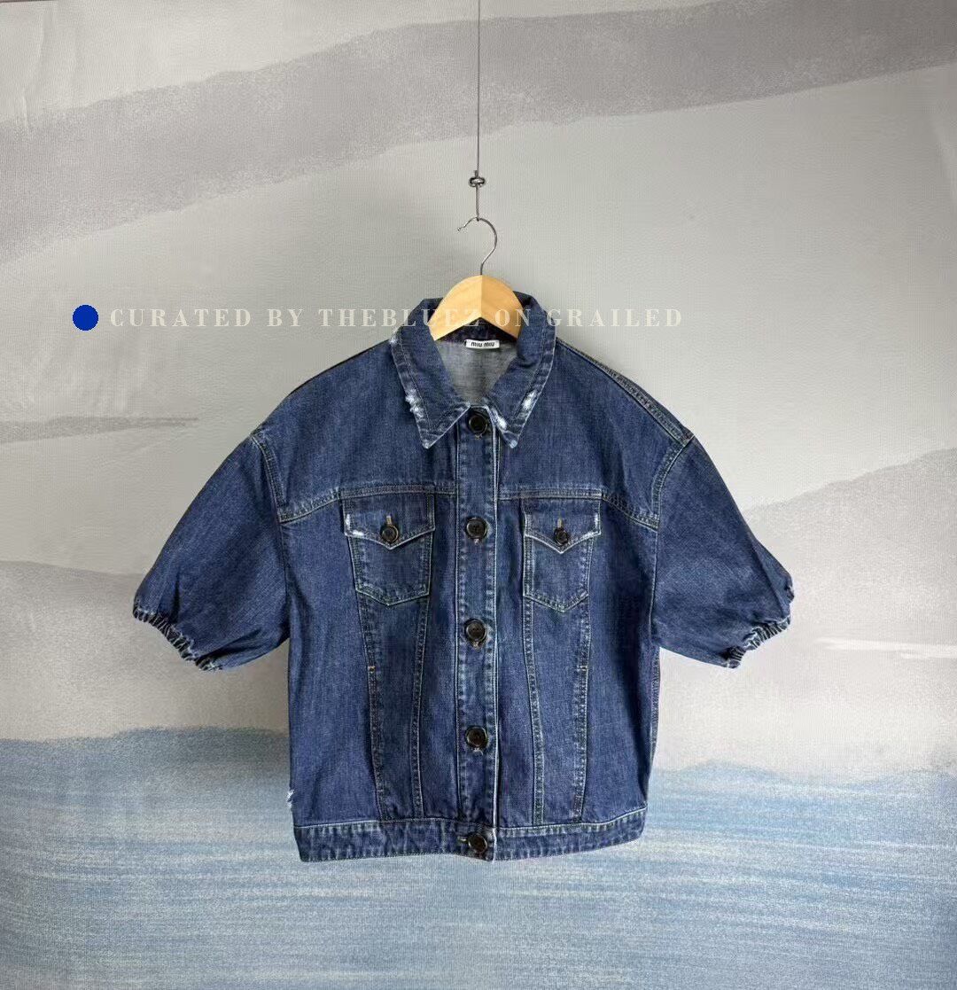 Miu Miu Miu Miu Blue Distressed Denim Short-Sleeve Shirt Size S / US 4 / IT 40 - 1 Thumbnail