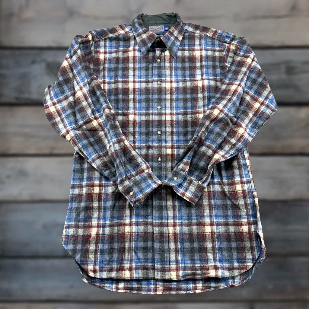 Pendleton VINTAGE Pendleton Shirt Mens L Long Blue Red Button Up Plaid Virgin Wool USA 80s Size US L / EU 52-54 / 3 - 1 Thumbnail