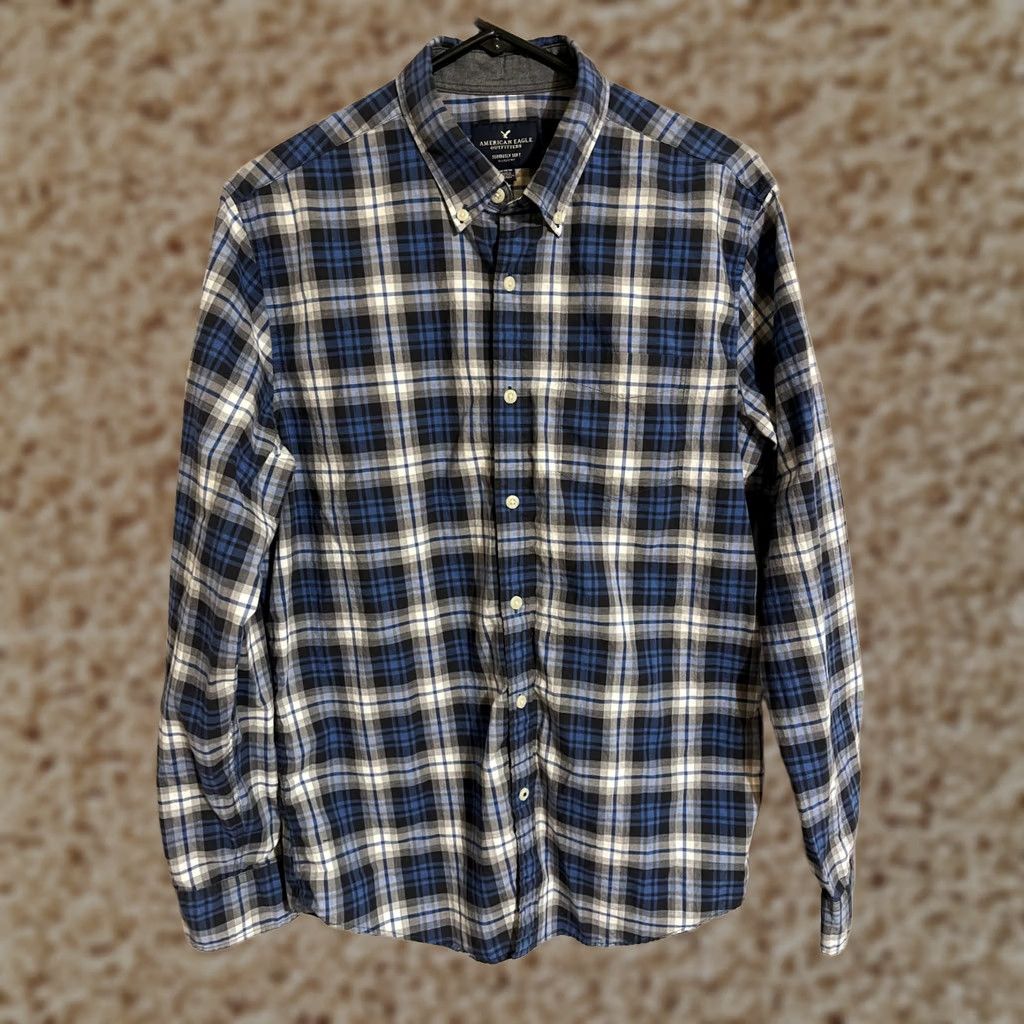 American Eagle Outfitters American Eagle Seriously Soft Shirt Classic Fit Blue Plaid Button Up Mens M Size US M / EU 48-50 / 2 - 1 Thumbnail