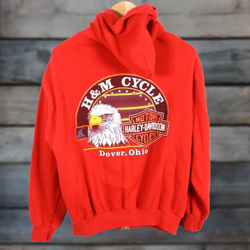 Harley Davidson VINTAGE Harley-Davidson Hoodie Mens Large Red 80s Full Zip Graphic Print Pockets Bar/City/Retro (Hanes Tag) Size US L / EU 52-54 / 3 - 1 Thumbnail