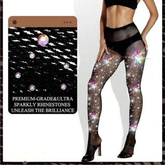 Other Women Black Sparkly Glitter Rhinestone Fishnets Stockings Size ONE SIZE - 3 Thumbnail
