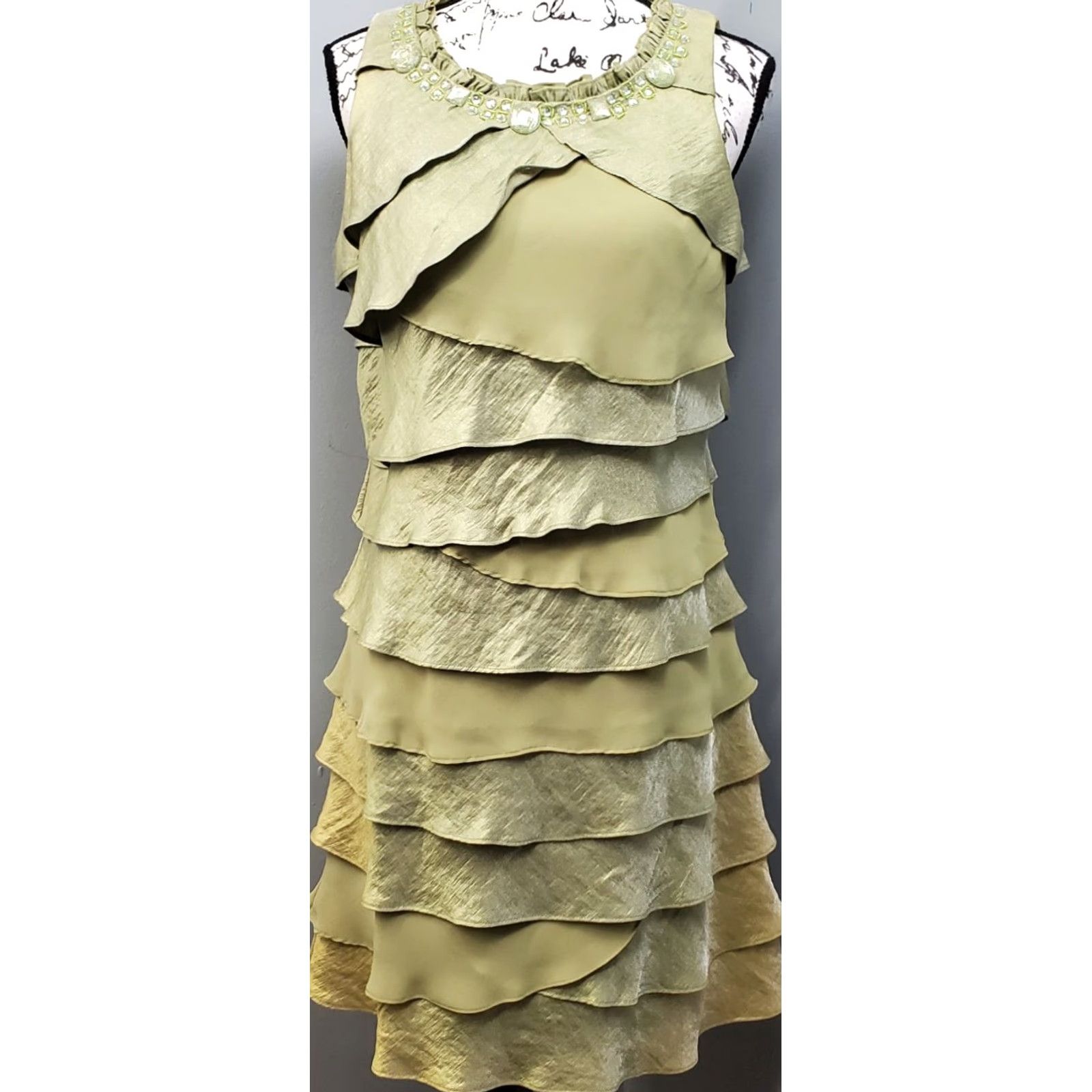 Vintage S.L. Fashions Tiered Dress Womens 14 Green Ruffle Embellished Jewel Neck Detail Dress Size XL / US 12-14 / IT 48-50 - 2 Thumbnail