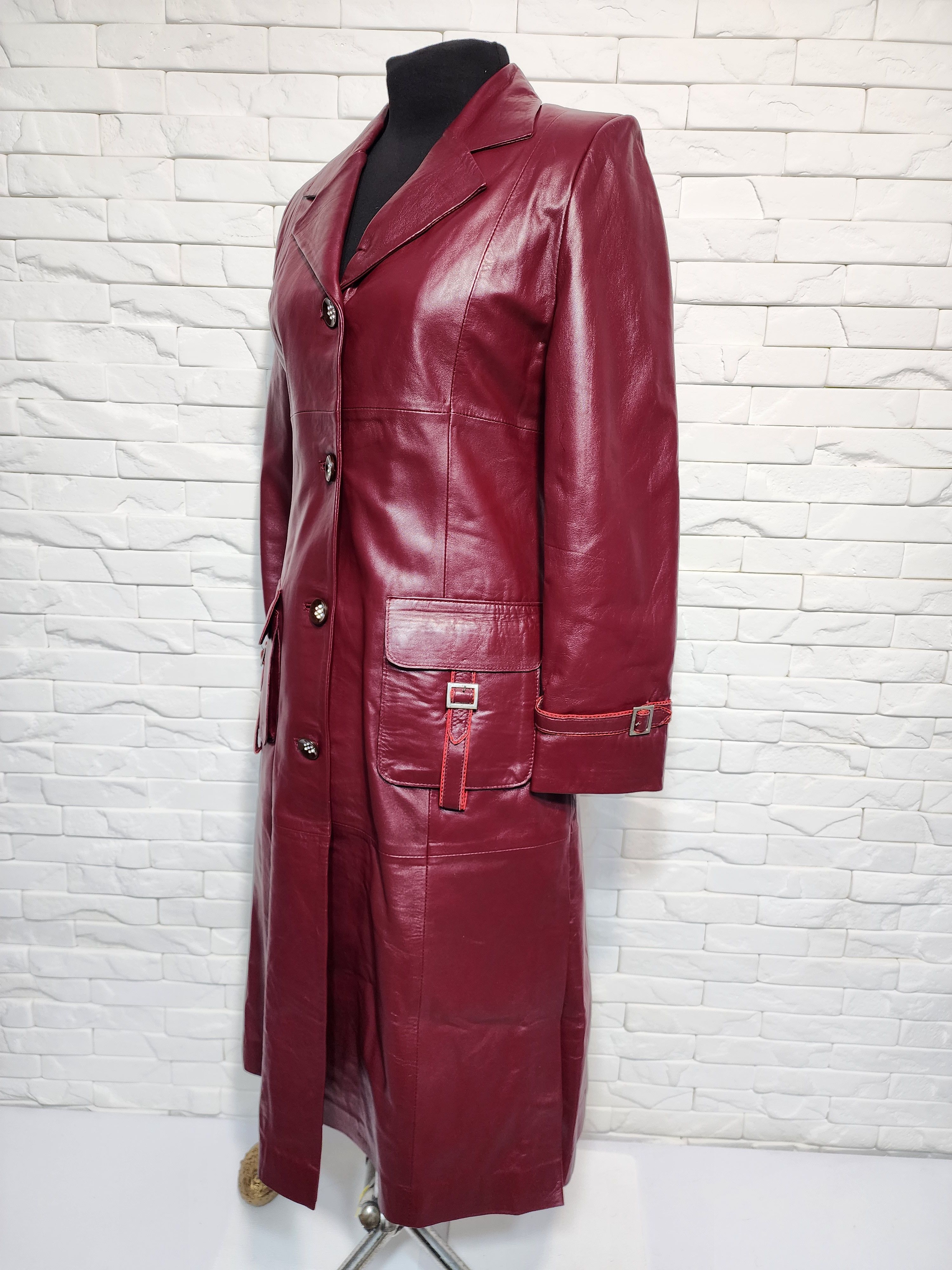 Genuine Leather Burgundy Leather Raincoat: Women's Long Leather Jacket Size M / US 6-8 / IT 42-44 - 2 Thumbnail
