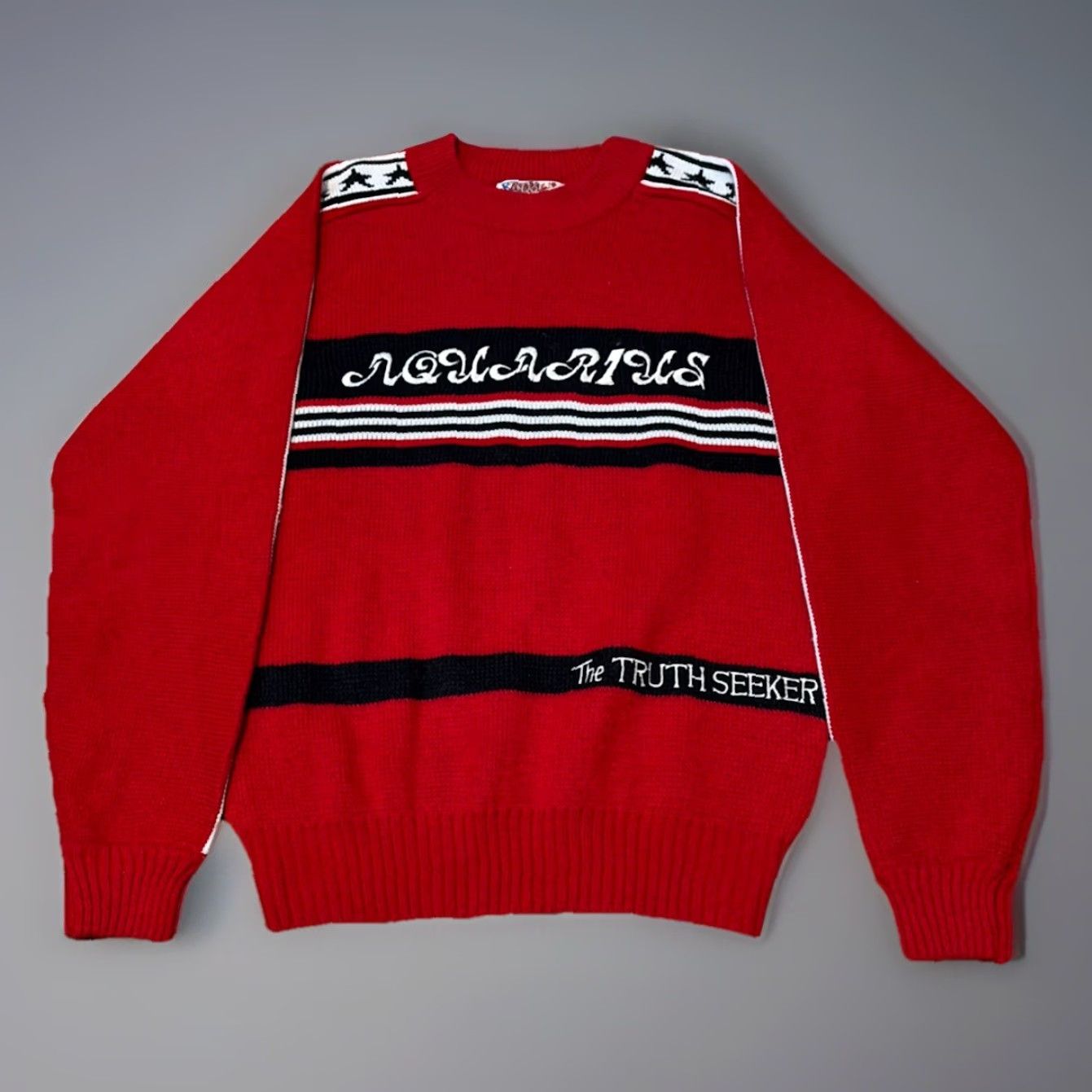 Vintage VINTAGE 80s Aquarius Embroidered Acrylic Knit Red Black White Sweater Medium Unisex Adults Mo Mo Fashion Inc Pullover Embroidered Knit Size US M / EU 48-50 / 2 - 2 Thumbnail