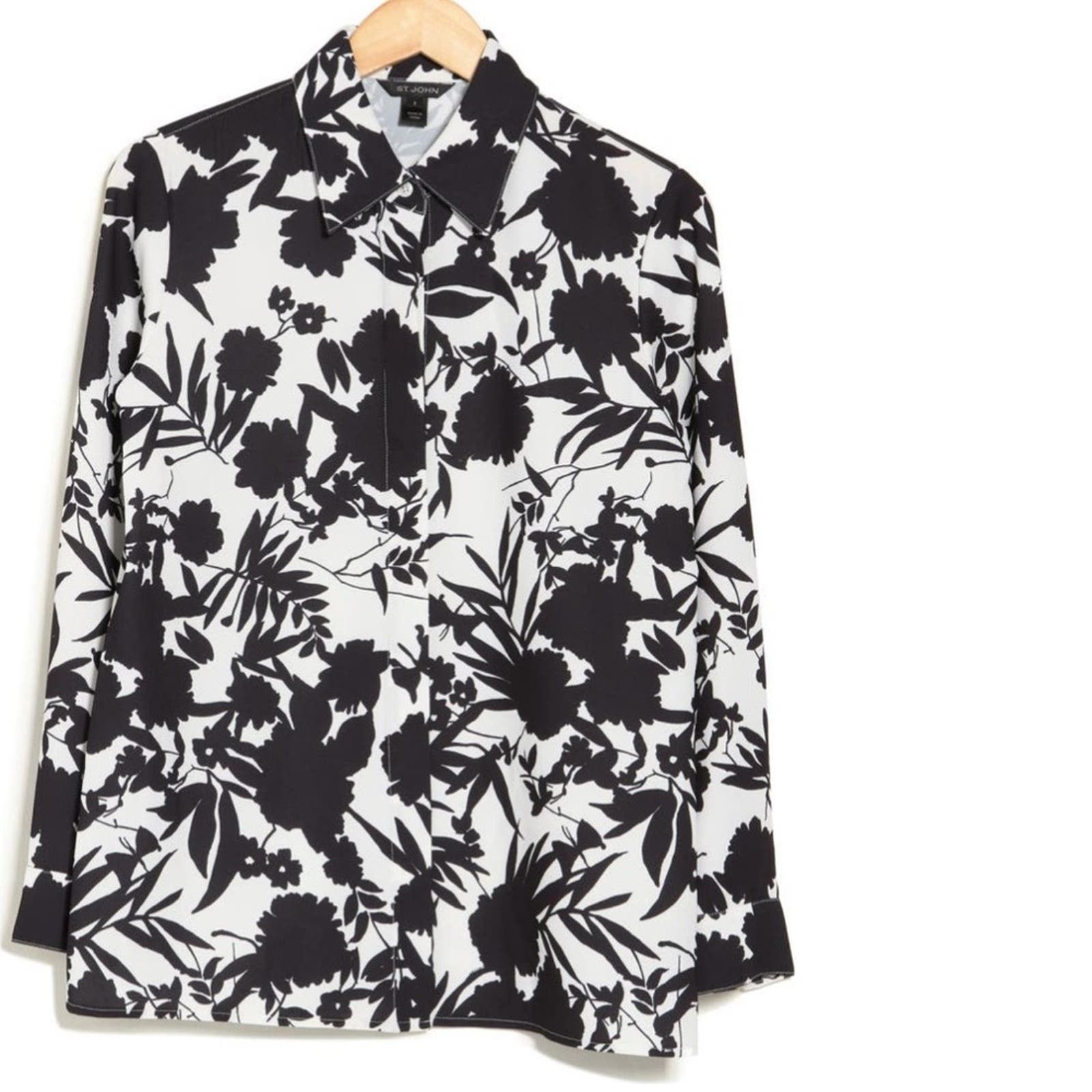 image of St John Couture St. John Satin Crepe Black And White Floral Shirt | Small, Women's