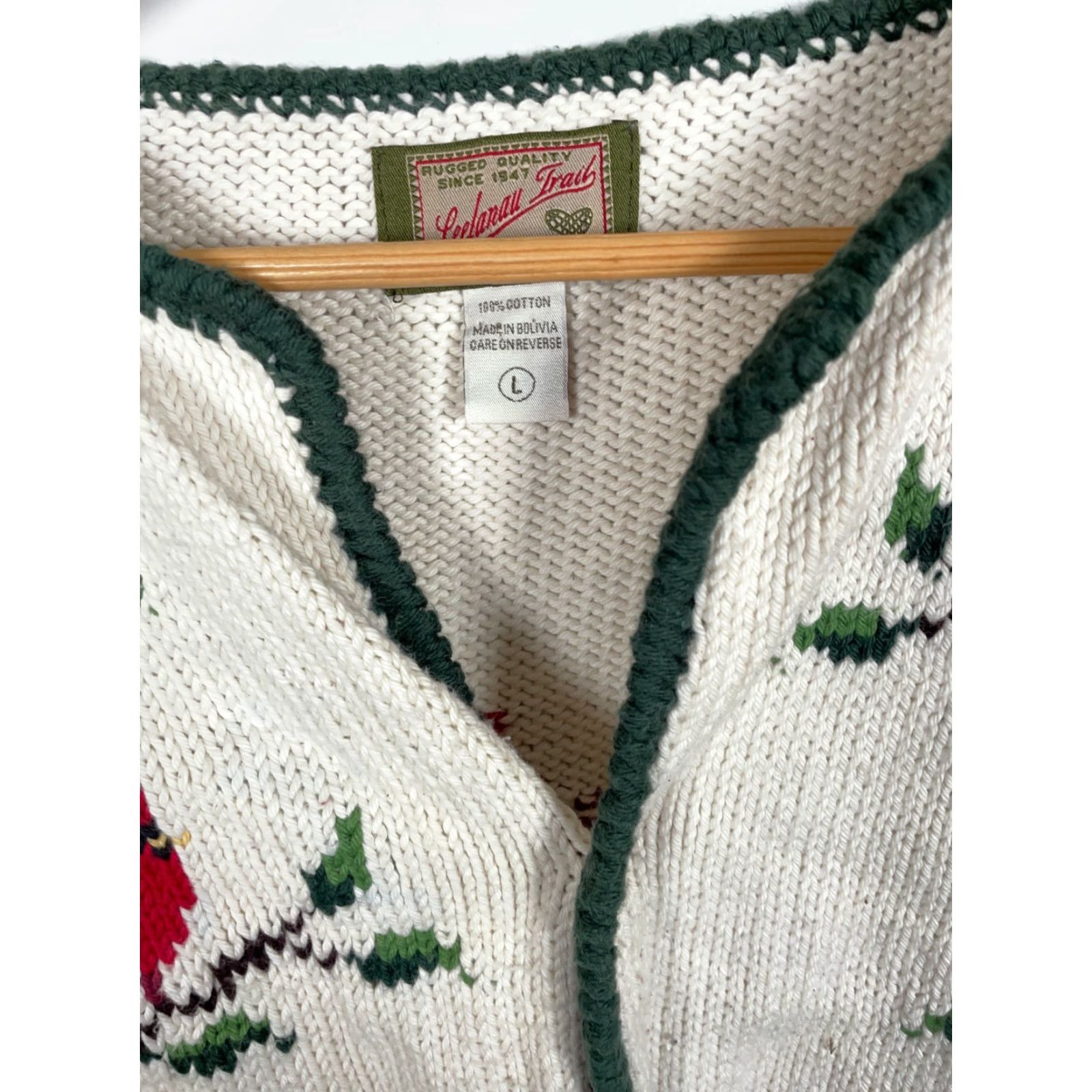 Vintage VINTAGE Leelanau Trail Cardigan Women's Large Ivory Cardinal Motif 100% Cotton Chunky Knit Long Sleeve Collared Mermaid? Size L / US 10 / IT 46 - 5 Thumbnail