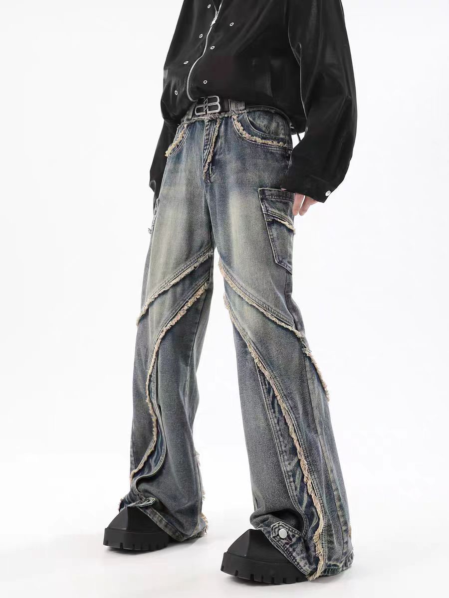 Vintage vandalized patchwork washed raw edge baggy jeans