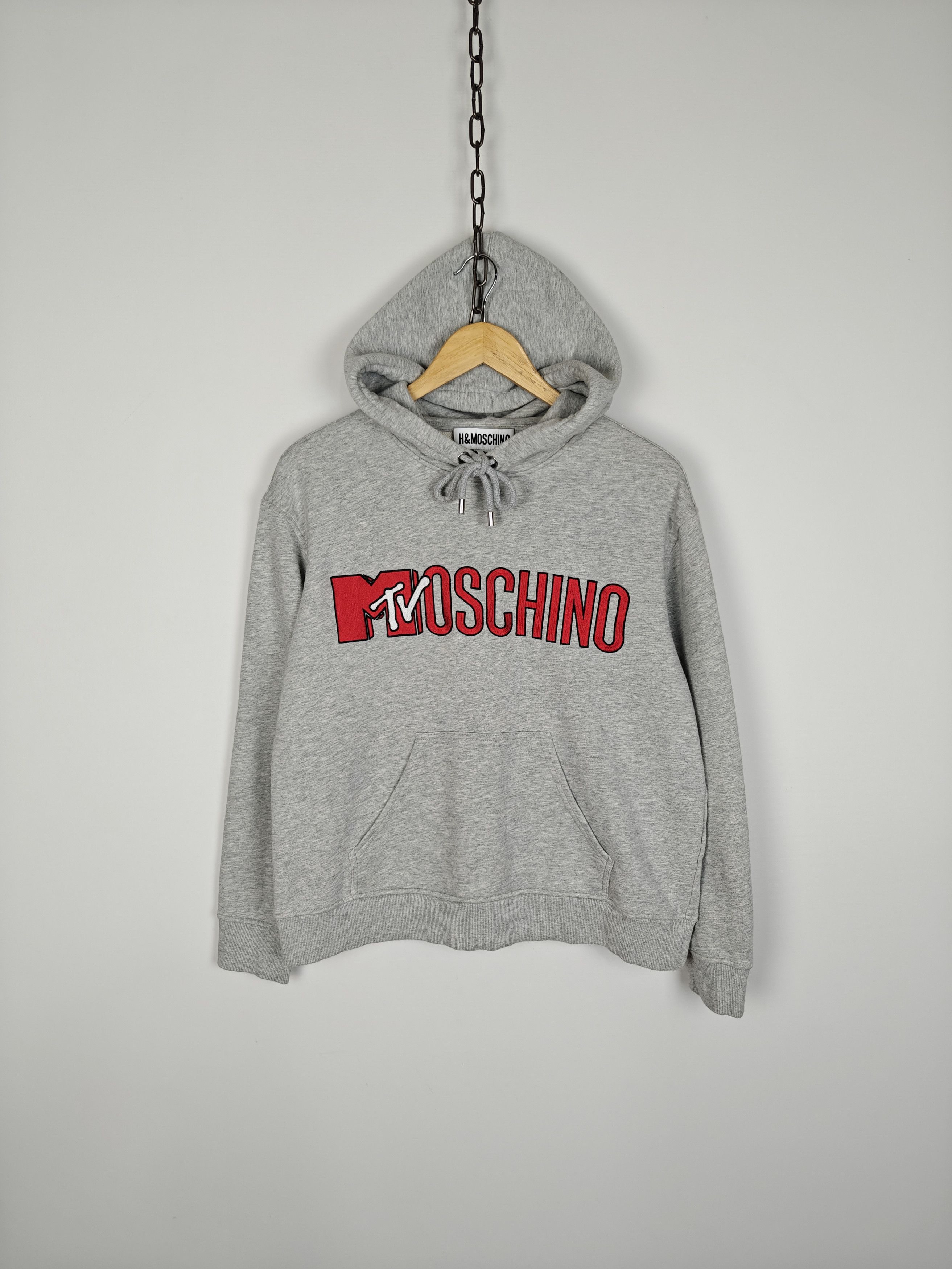 H M x Moschino MTV Hoodie Center Logo Pullover Gray Tops